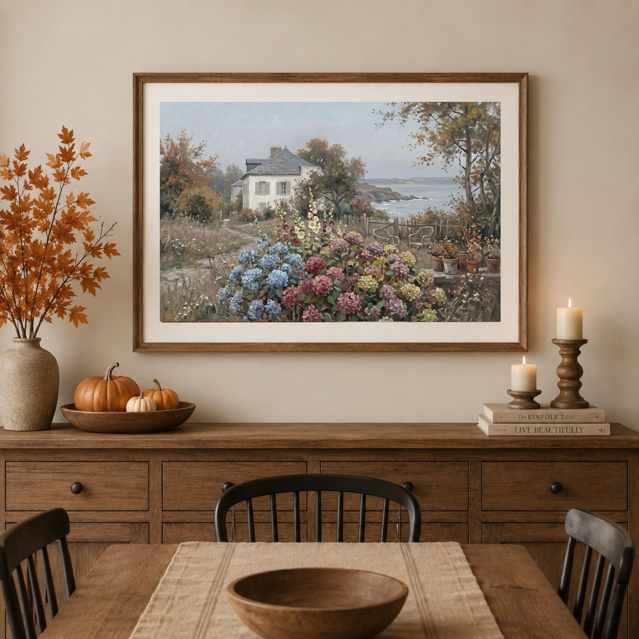 Coastal Cottage Garden Wall Art, Hydrangea Seaside Floral Landscape Print, Vintage Coastal (Digital Download) — image 6