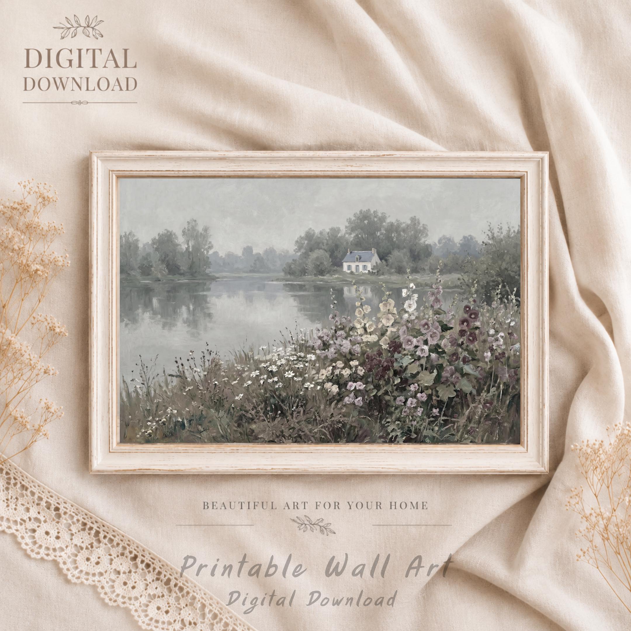 Lakeside Cottage Garden Wall Art, Romantic Floral Landscape, French Country Decor Digital Download — image 8