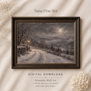 May include: A framed landscape painting depicting a snowy winter scene at night with a glowing street lamp, a winding path, and distant mountains under a moonlit sky. The text Tana Fine Art, DIGITAL DOWNLOAD, and Printable Wall Art are visible.