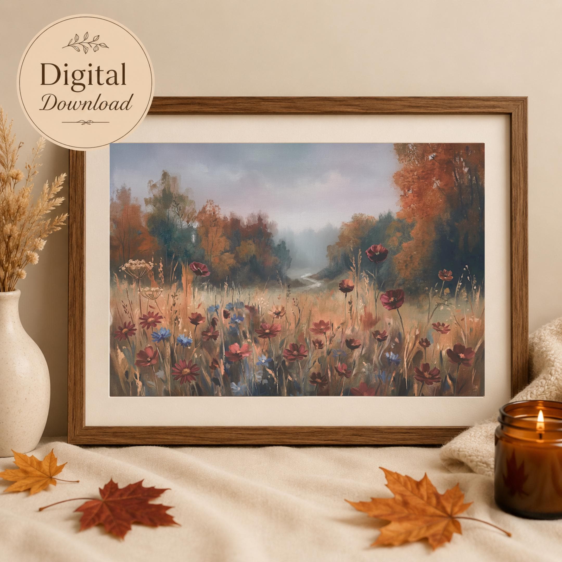 Fall Floral Landscape Print, Wildflower Meadow Wall Art, Rustic Autumn Nature Decor (Digital Download) — image 3