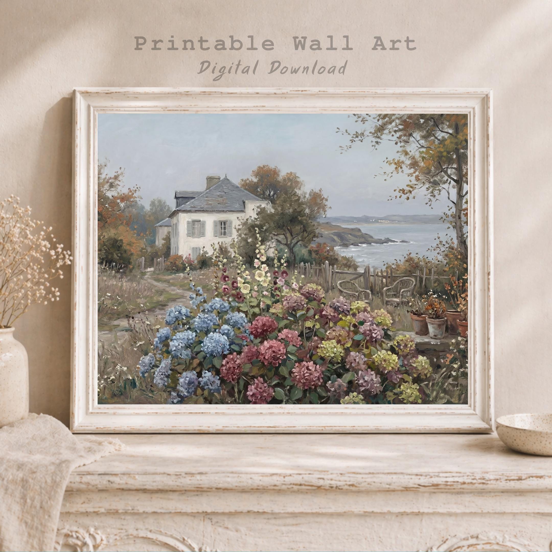 Coastal Cottage Garden Wall Art, Hydrangea Seaside Floral Landscape Print, Vintage Coastal (Digital Download) — image 9