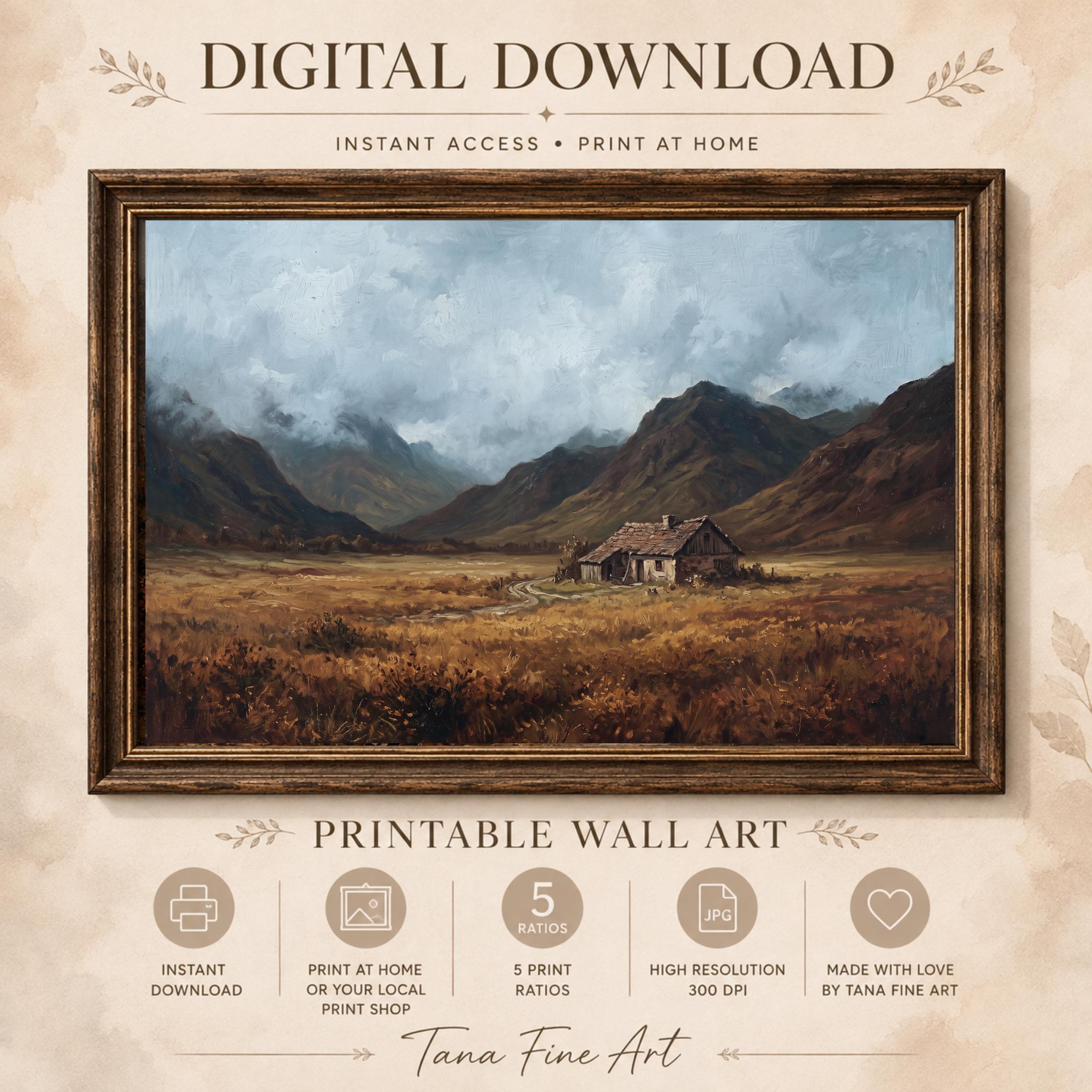 Rustic Mountain Cottage Printable Wall Art, Moody Autumn Valley Landscape, Rustic Cabin Digital Download — image 8
