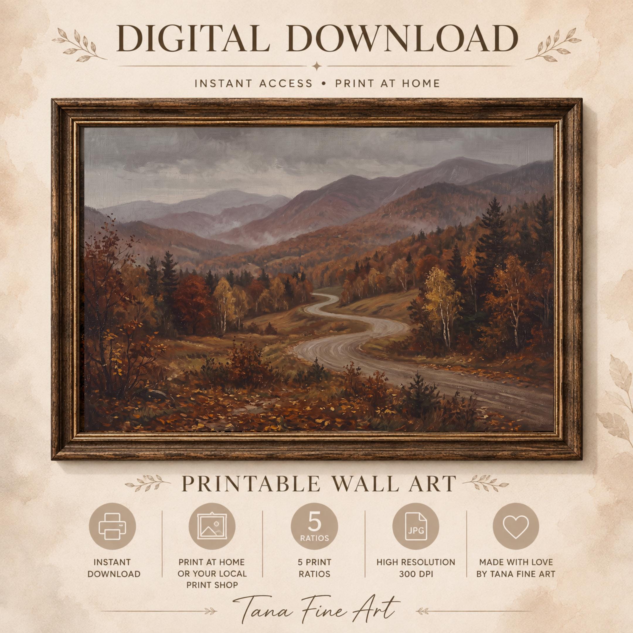 Fall Landscape Mountain Wall Art | New England Road Print | New Hampshire Inspired Digital Download