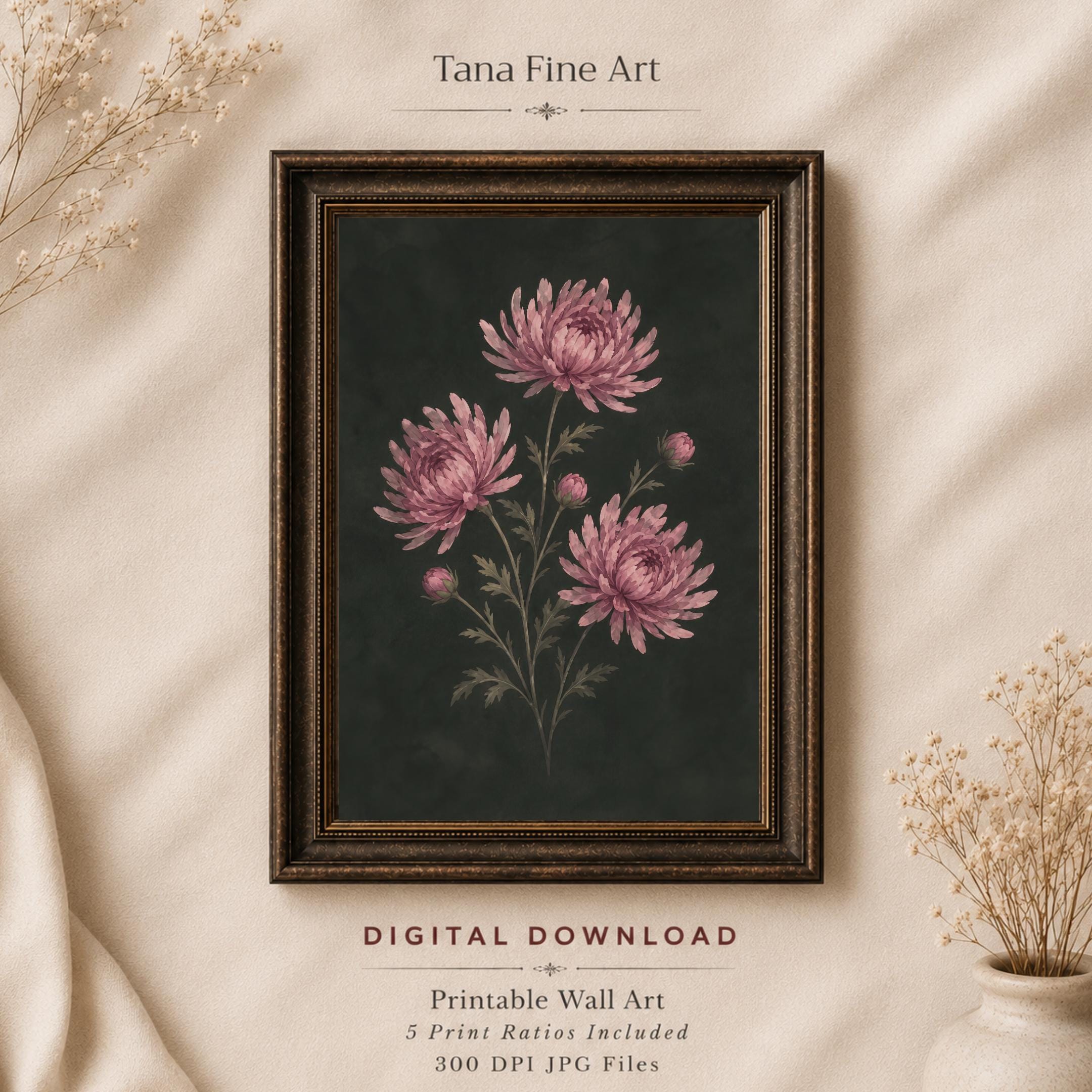 Moody November Birth Flower Print | Chrysanthemum Wall Art | Dark Botanical Digital Download — image 8