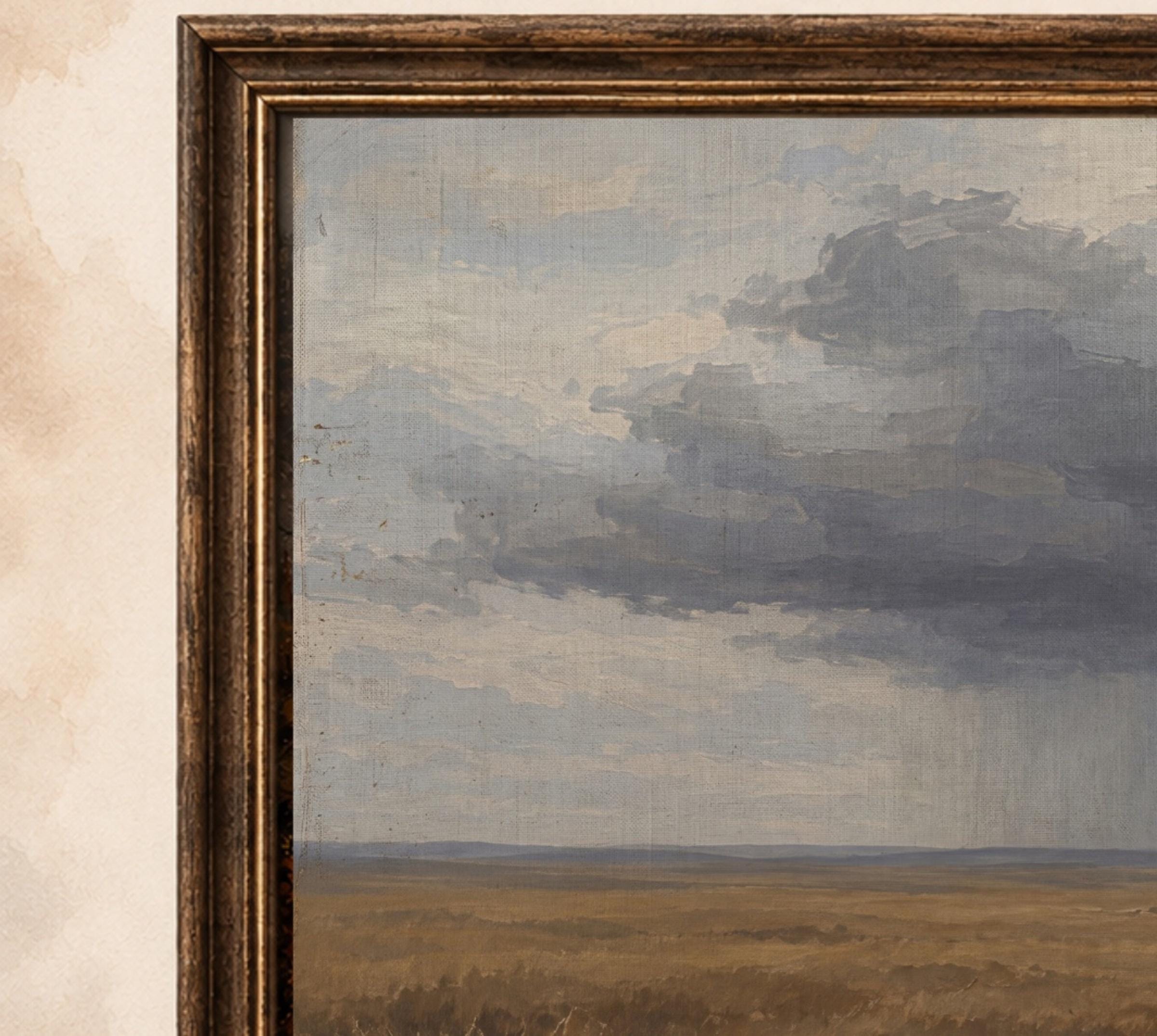 Moody Storm Cloud Landscape Art, Rustic Prairie Painting, Neutral Farmhouse Wall Decor Digital Download — image 2
