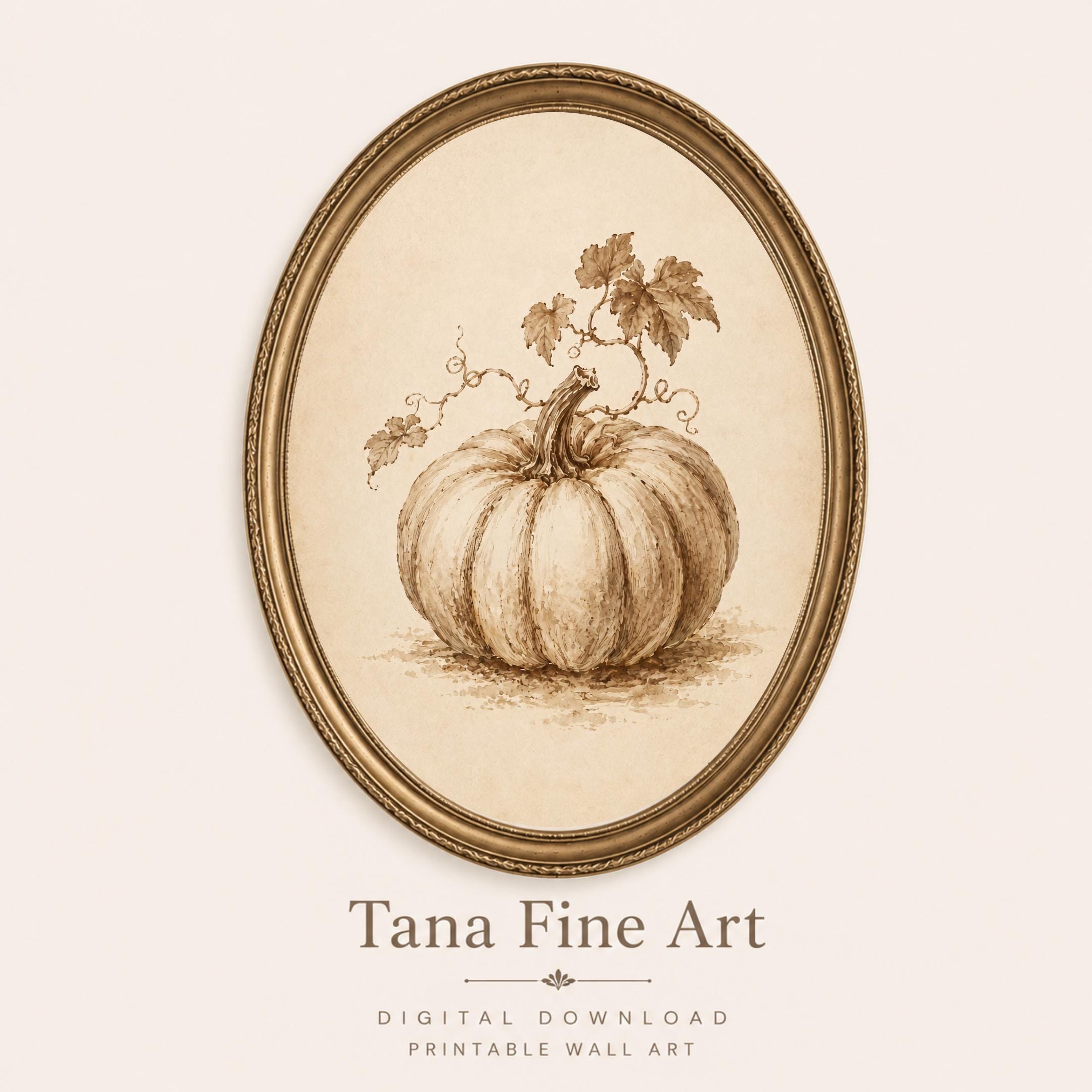 Vintage Pumpkin Sketch Print, Neutral Botanical Autumn Wall Art (Digital Download)