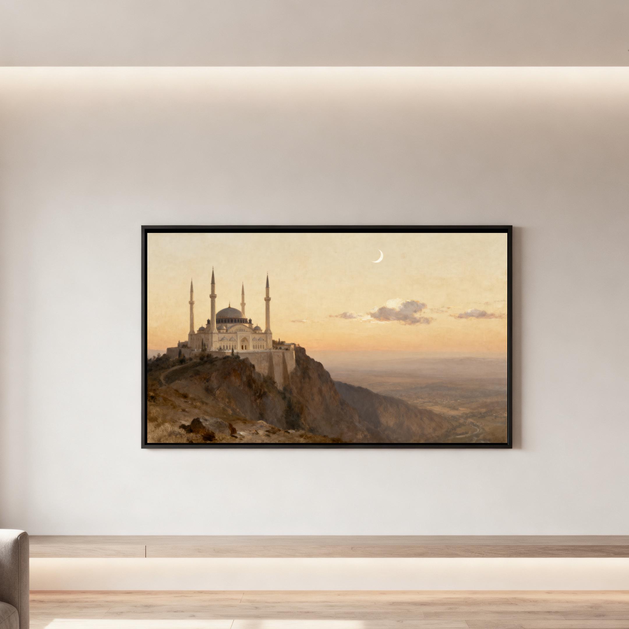 Clifftop Mosque Sunset Frame TV Art, Islamic 4K Crescent Landscape Screen Display Digital Download — image 5