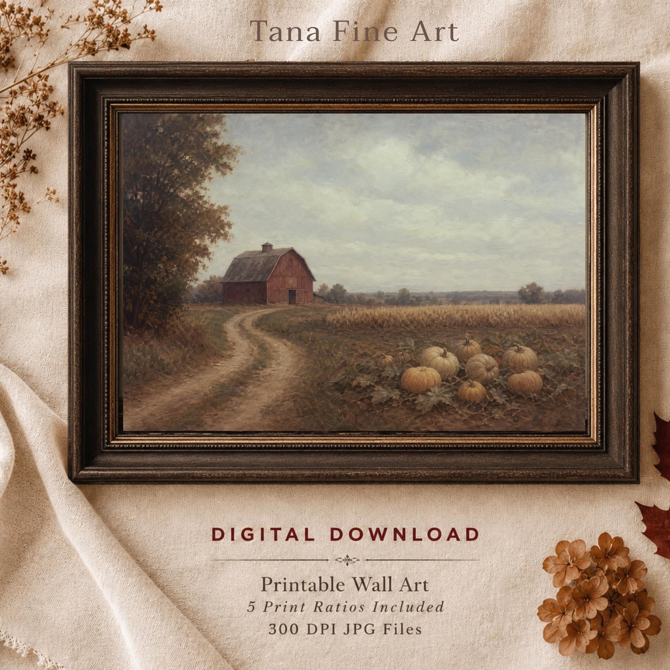 Pumpkin Farm Wall Art | Rustic Barn Landscape Print | Fall Printable Digital Download
