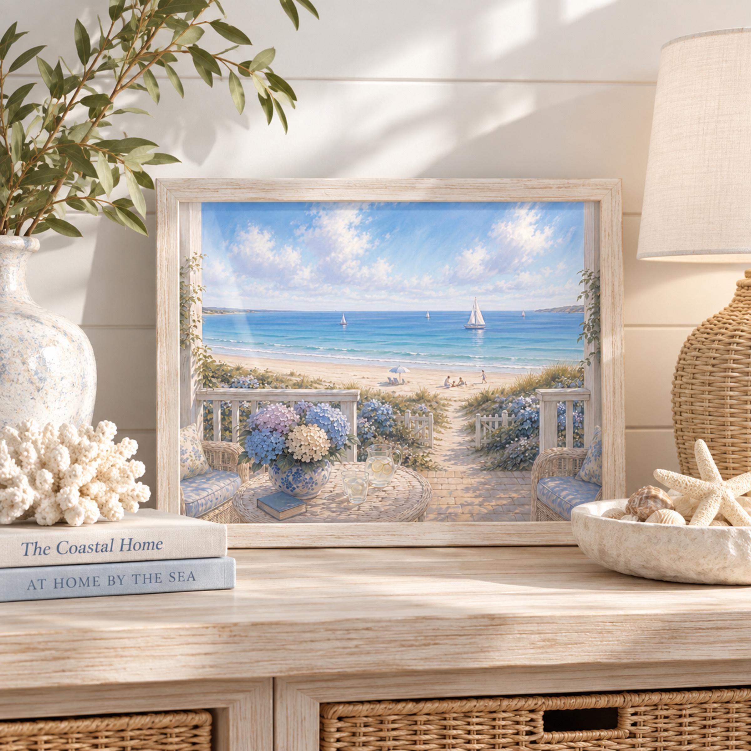 Summer Coastal Hydrangea Porch Printable Wall Art, Beach Cottage Ocean View Decor Digital Download — image 6