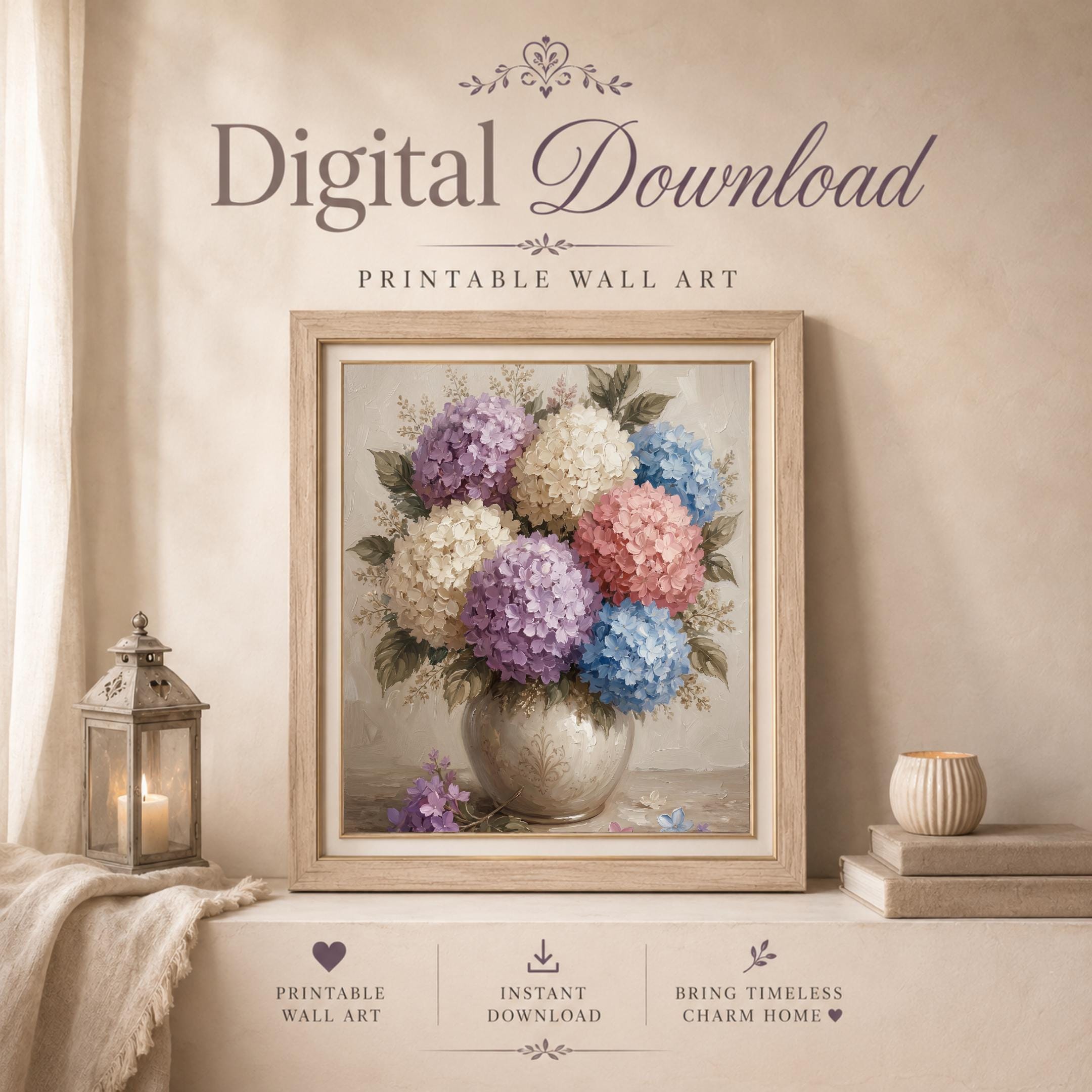 Pastel Hydrangea Wall Art, Colorful Floral Vase Print, Soft Cottage Bedroom Decor (Digital Download) — image 9