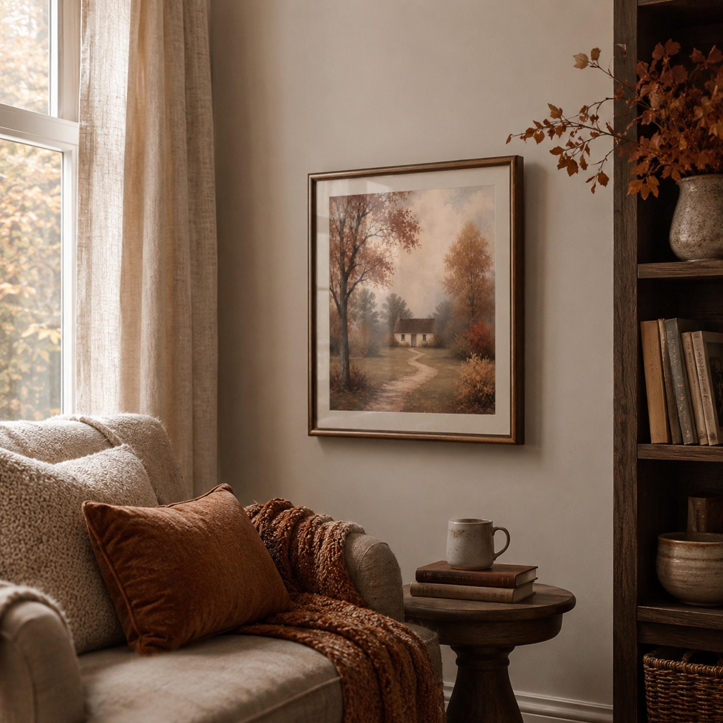 Autumn Cottage Wall Art | Fall Landscape Print | Vintage Farmhouse Digital Download — image 3