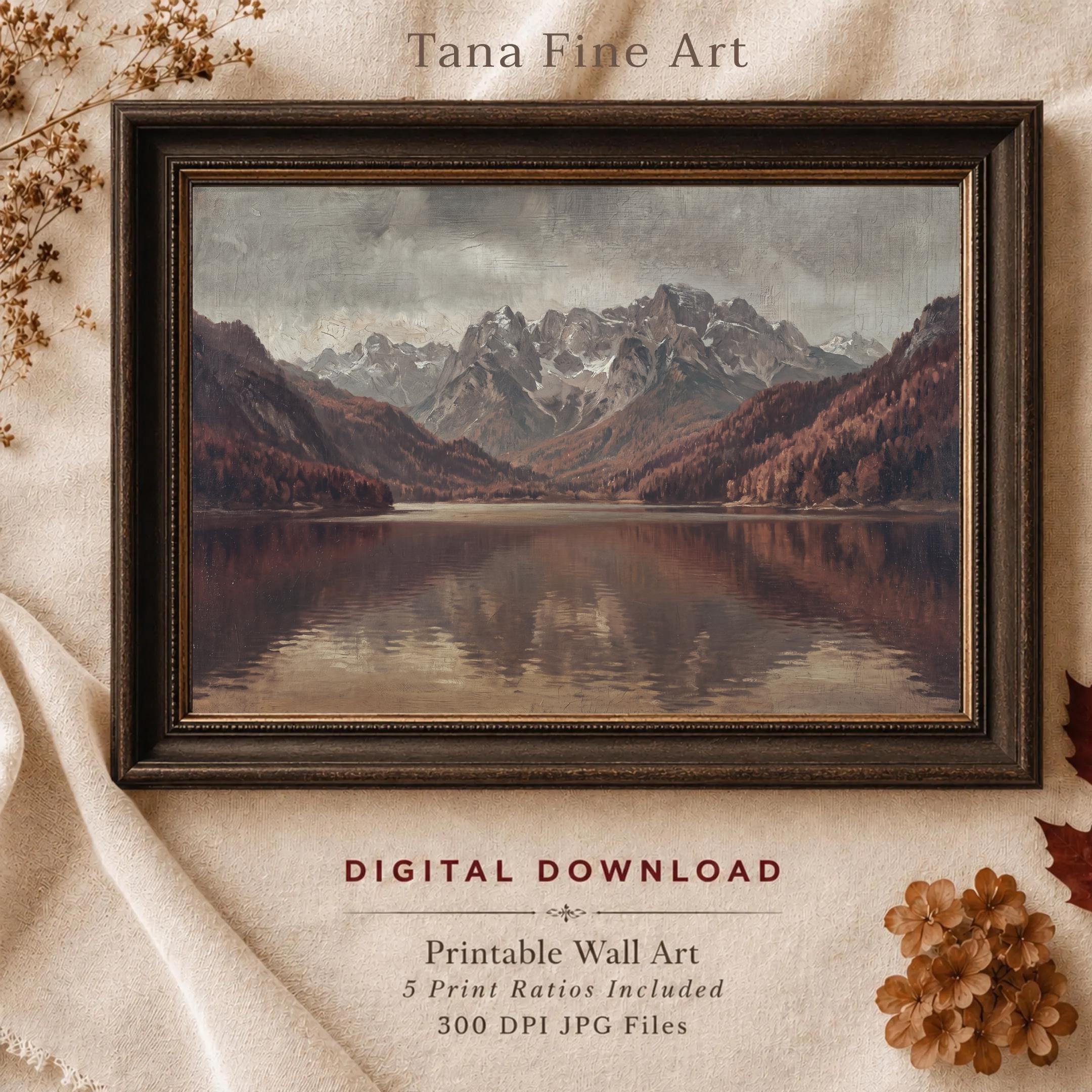 Vintage Fall Mountain Lake Printable Wall Art, Moody Alpine Landscape, Rustic Cabin Digital Download