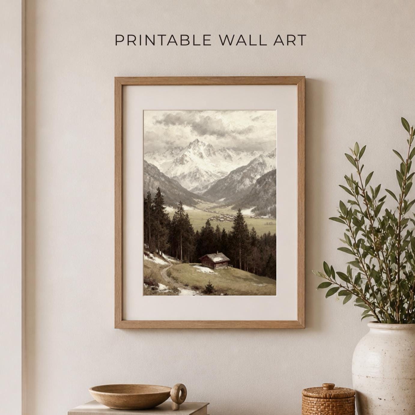 Alpine Mountain Landscape Wall Art, Rustic Cabin Valley, Vintage Paintings Nature Decor (Digital Download) — image 6