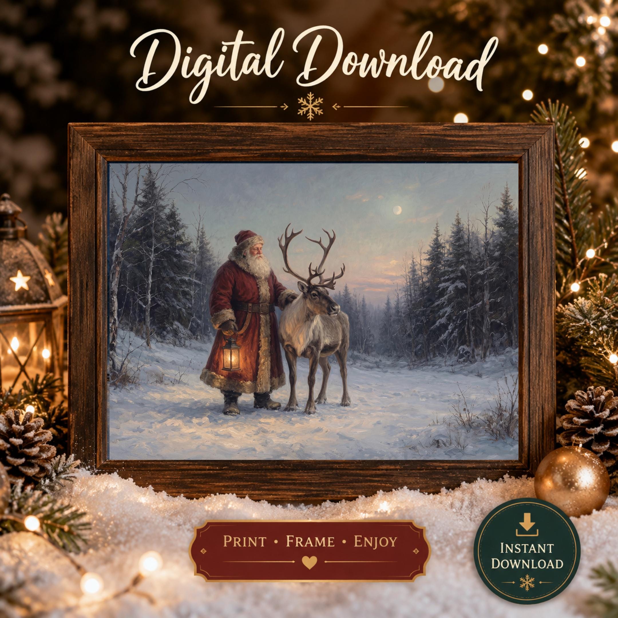 Vintage Santa Wall Art | Santa and Reindeer Christmas Print | Winter Landscape Printable Digital Download