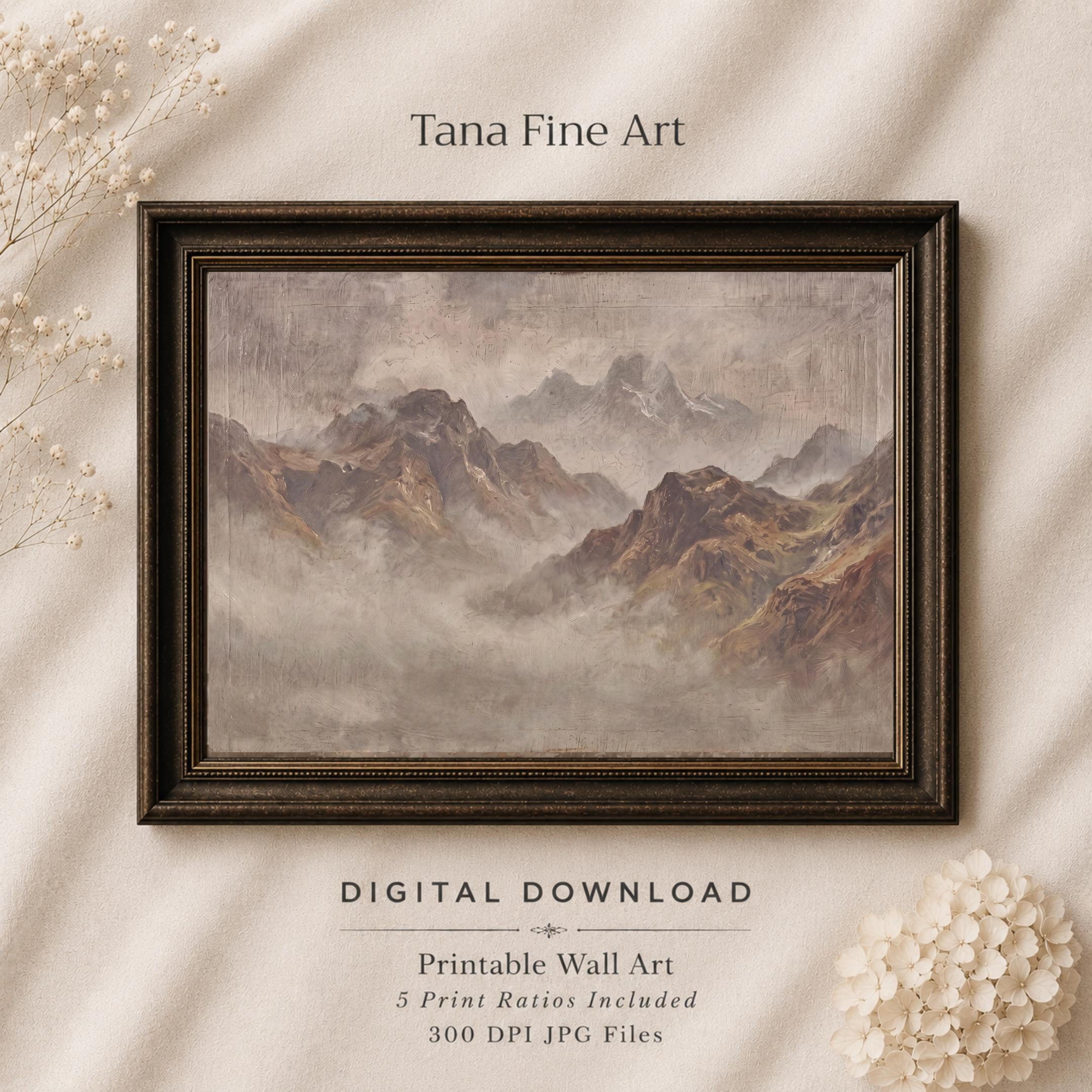 Vintage Misty Mountain Wall Art, Neutral Alpine Landscape, Earthy Rustic Cabin Decor, Digital Download