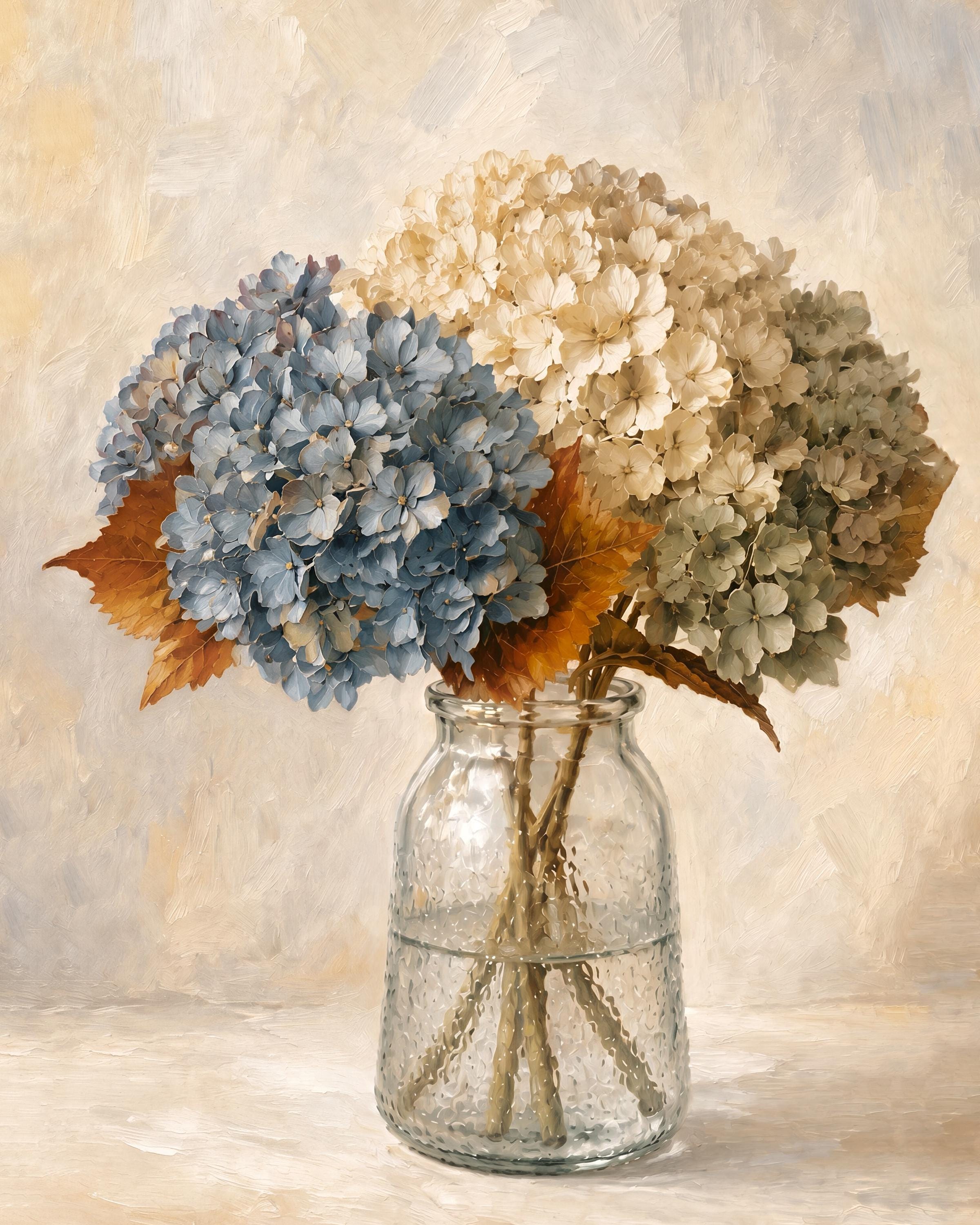 Blue and Cream Floral Glass Vase, Fall Hydrangea Art, Cozy Autumn Decor (Digital Download) — image 2