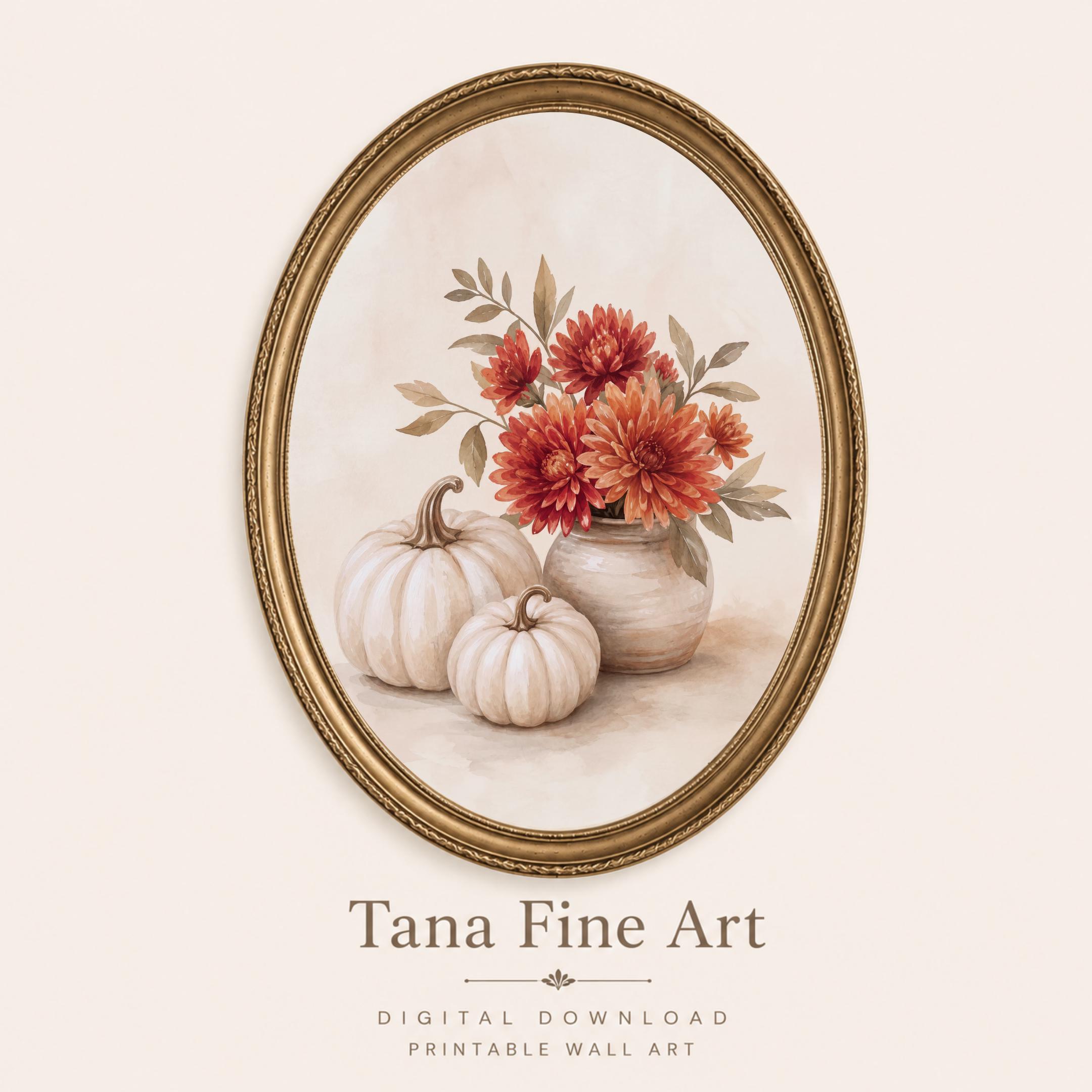 Pumpkin Floral Fall Wall Art | Fall Chrysanthemum Still Life | Autumn Printable Digital Download