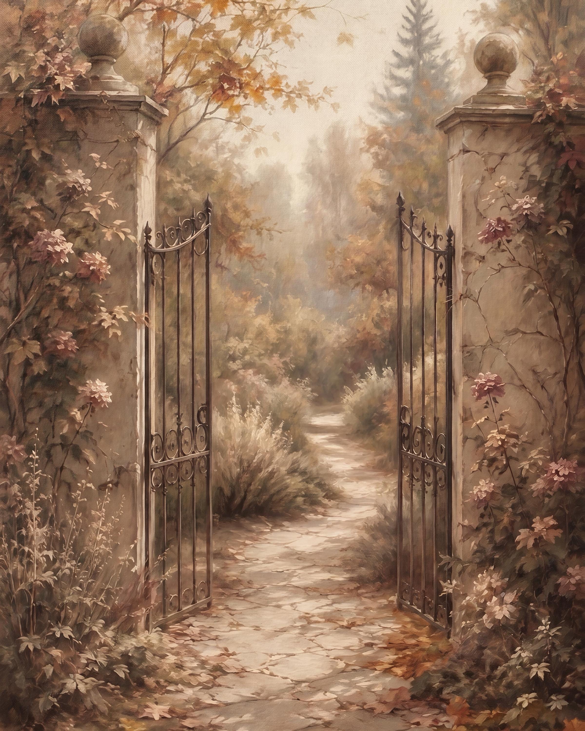 Vintage Fall Garden Gate Wall Art, Autumn Secret Garden Path, Cottage Decor, Digital Download — image 2