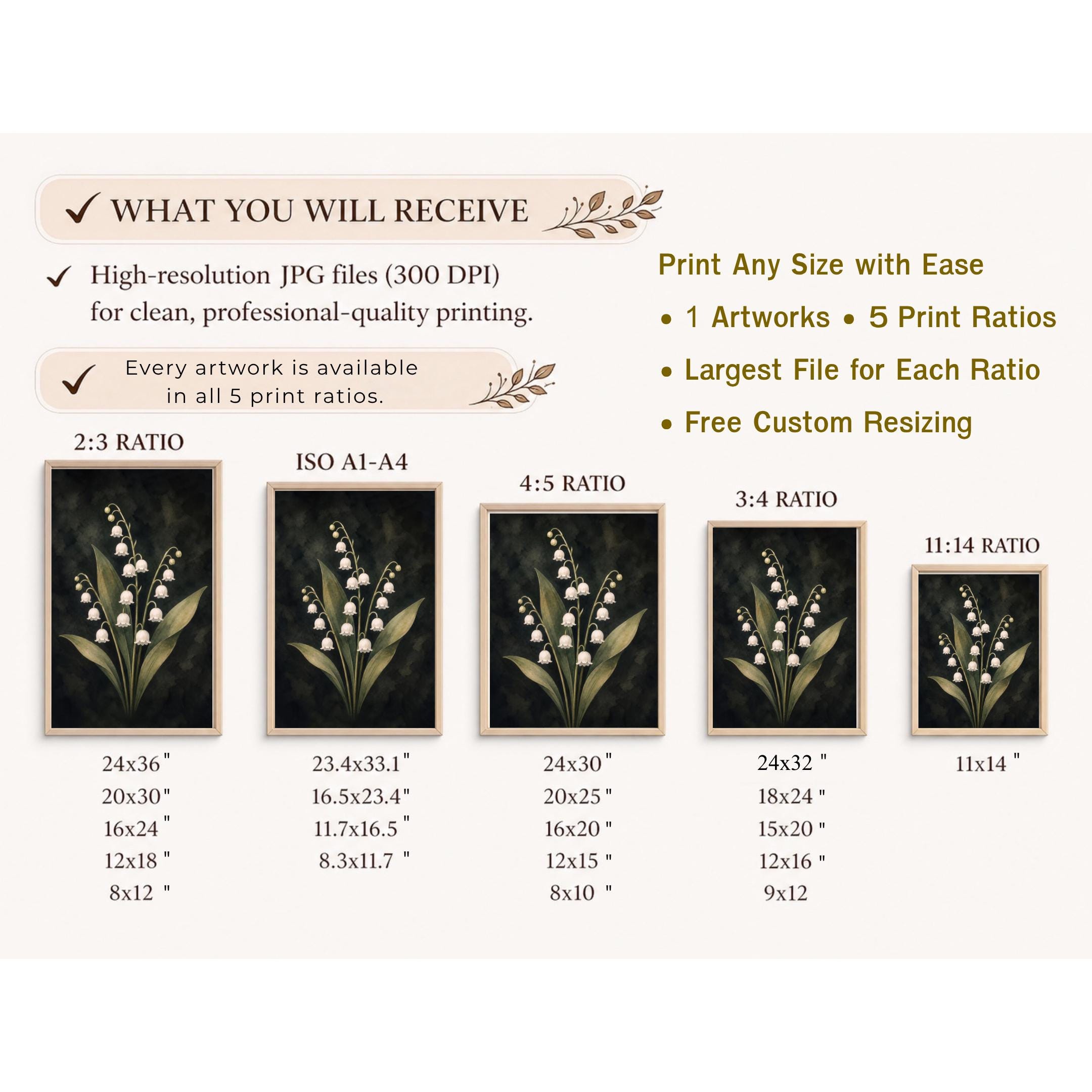 Dark May Birth Flower Prints | Lily of the Valley Wall Art | Dark Botanical Digital Download — image 9