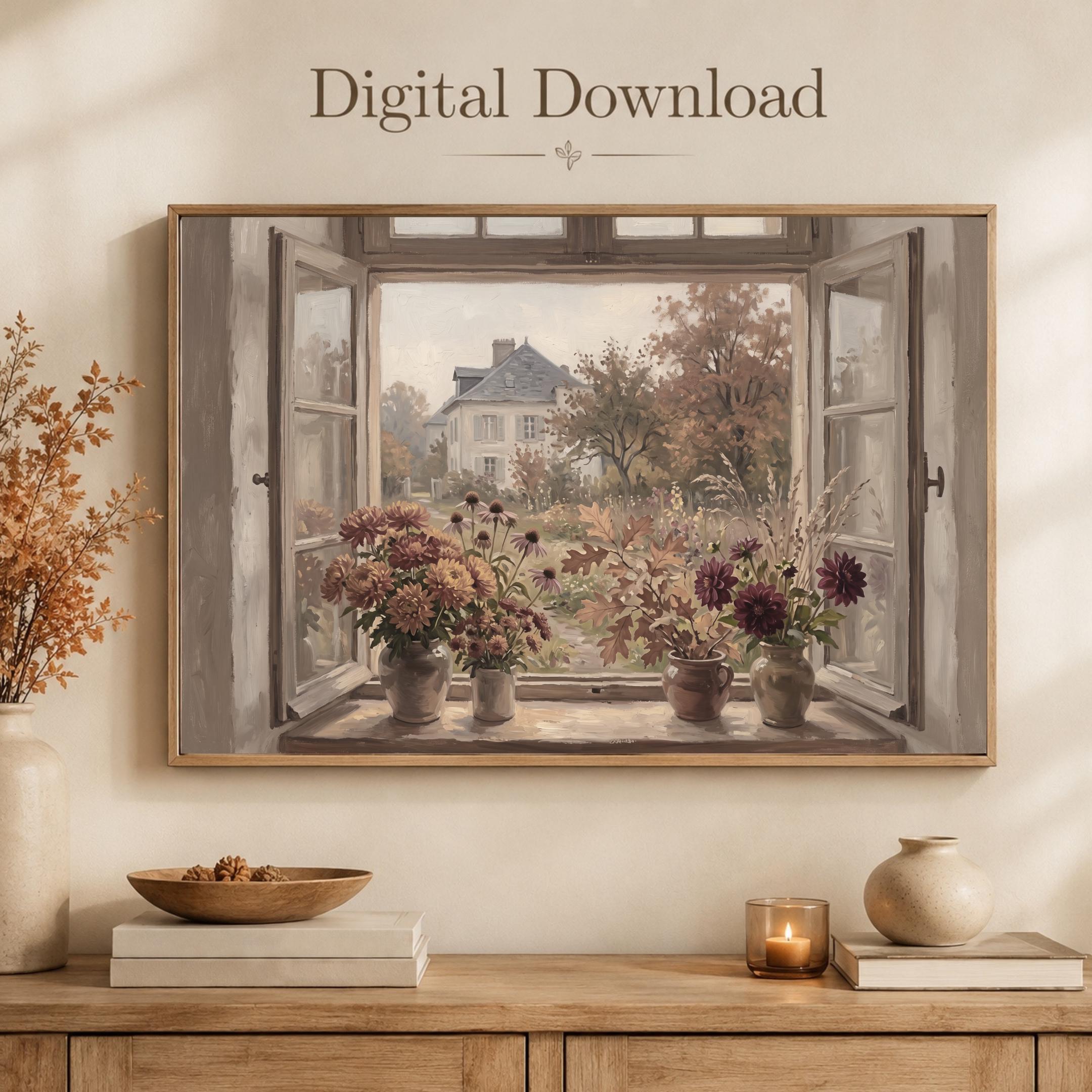 Autumn Window View Wall Art, Fall Cottage Garden Floral, Cozy Farmhouse Decor (Digital Download) — image 3