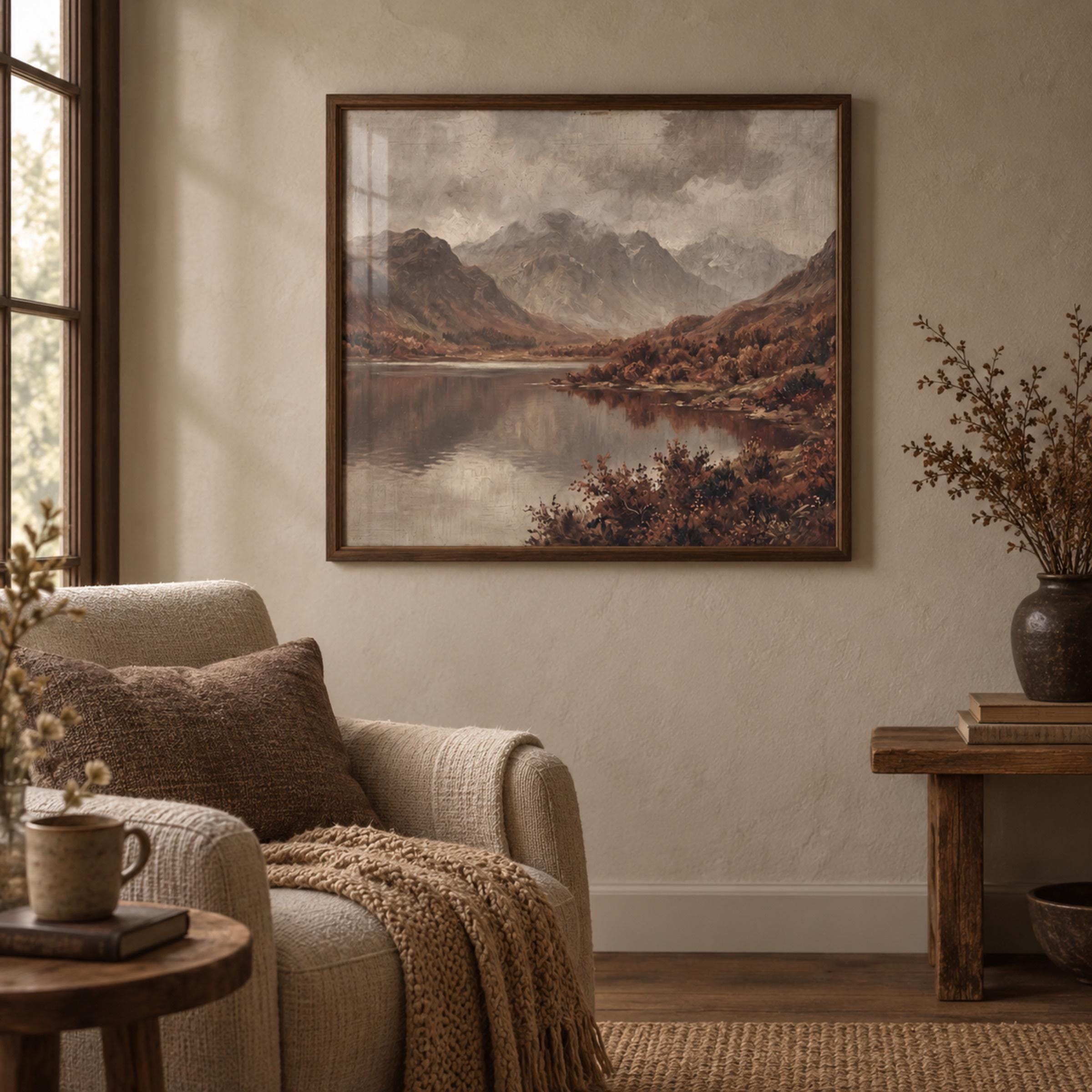 Vintage Autumn Lake Printable Wall Art, Misty Mountain Landscape, Earthy Rustic Cabin Digital Download — image 4