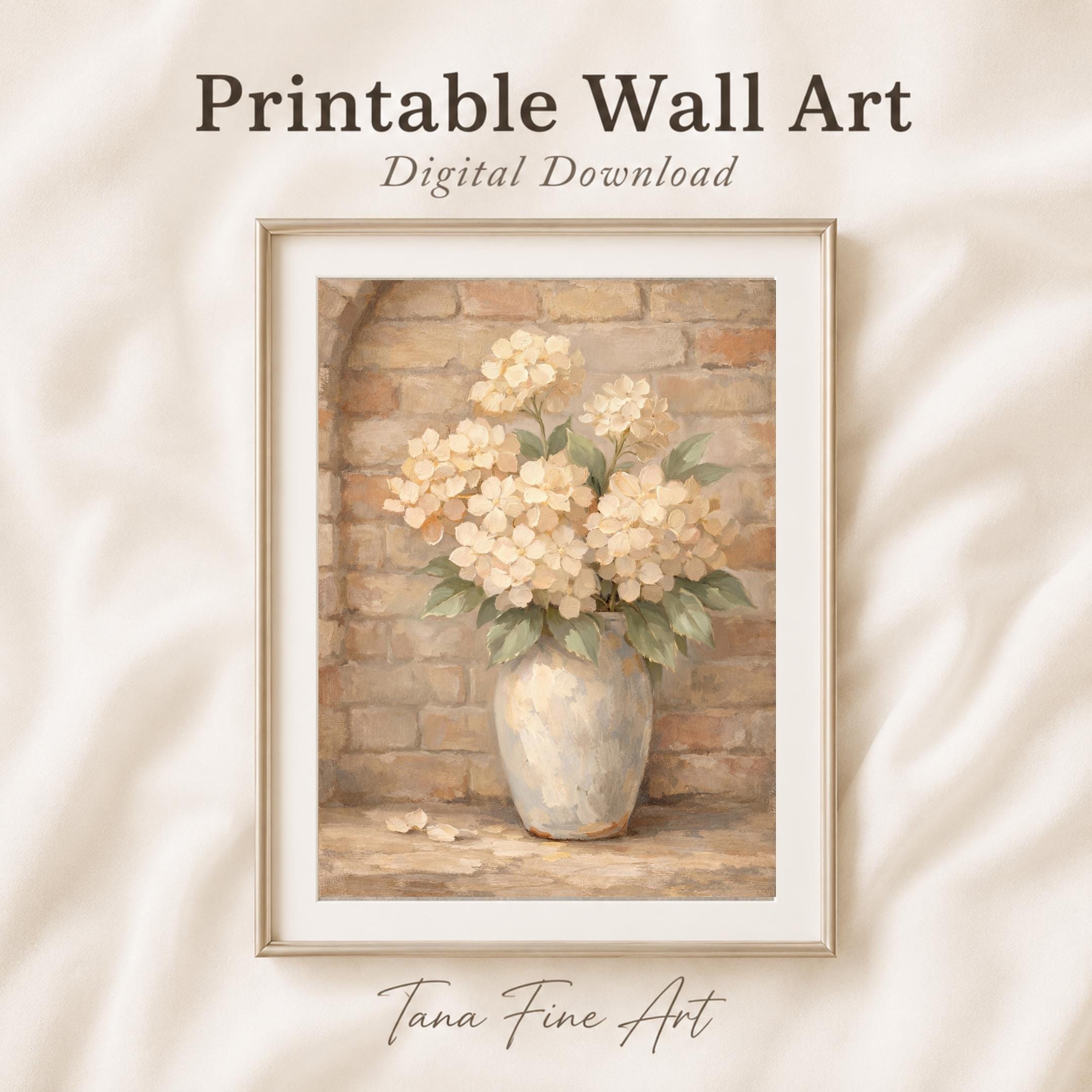 Hydrangea Vase Painting, Neutral Farmhouse Floral Decor, Rustic Brick Botanical Print (Digital Download)