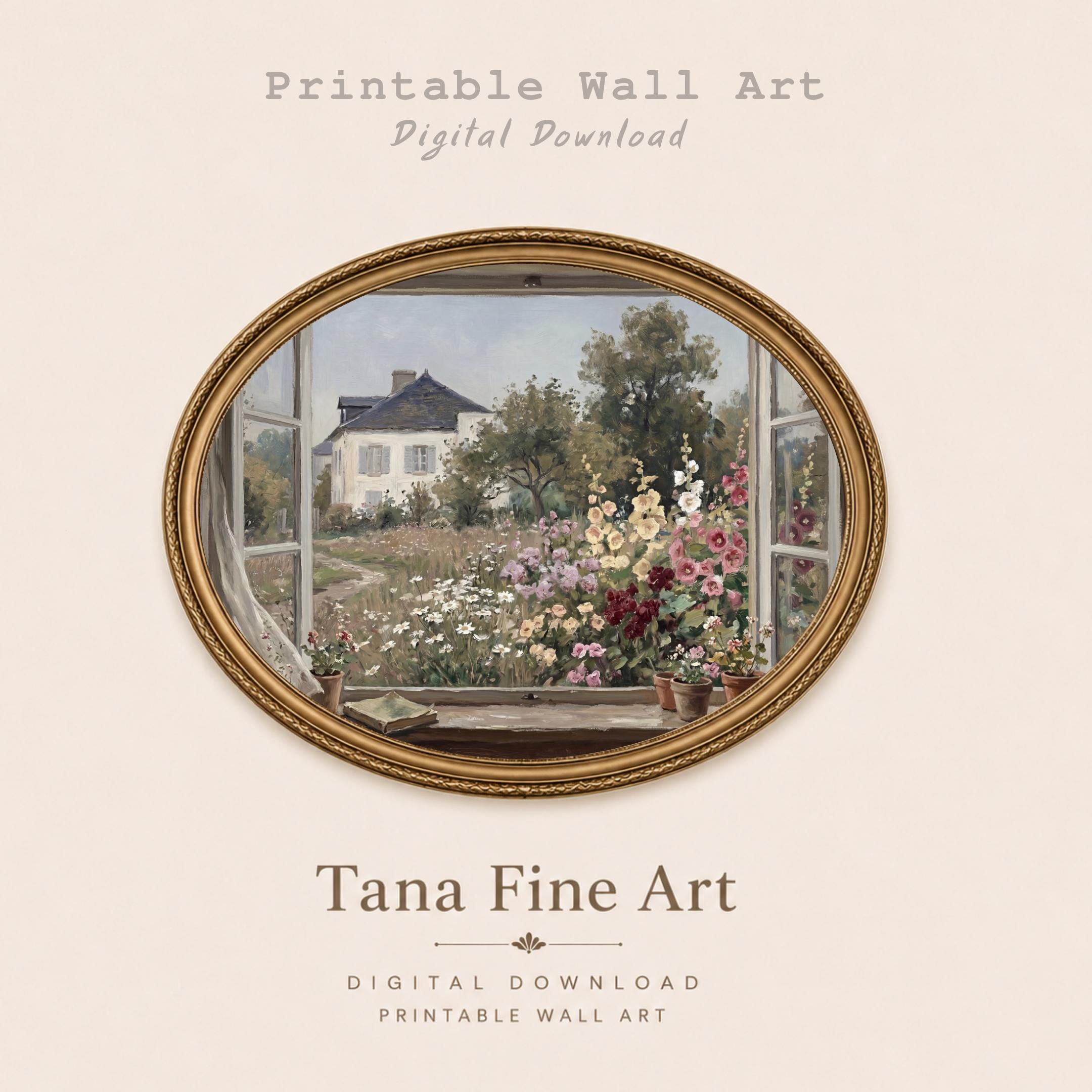 Cottage Window View Wall Art, Garden Floral Landscape, Vintage Painting Farmhouse Decor (Digital Download) — image 5