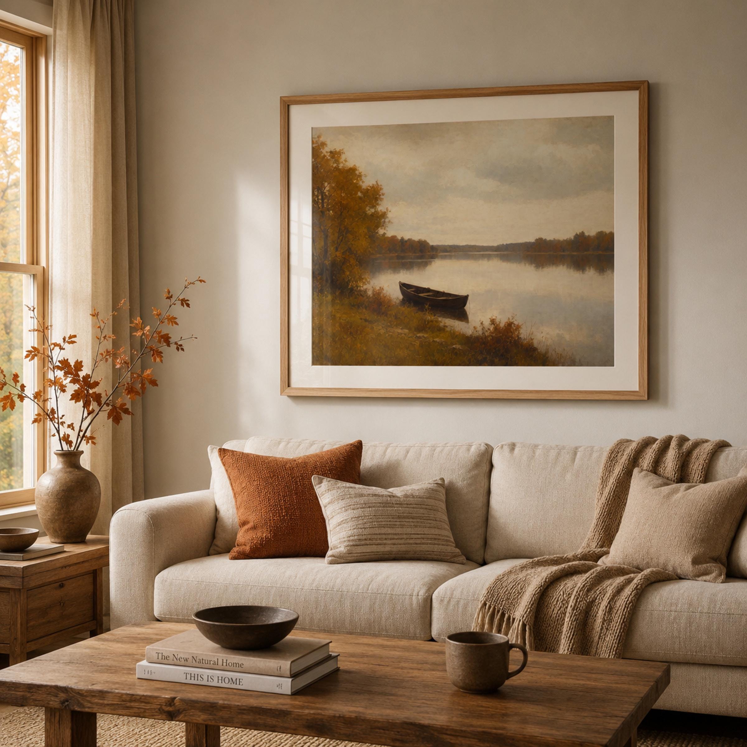 Fall Landscape Wall Art | Vintage Autumn Lake Boat Print | Rustic Printable Digital Download — image 3