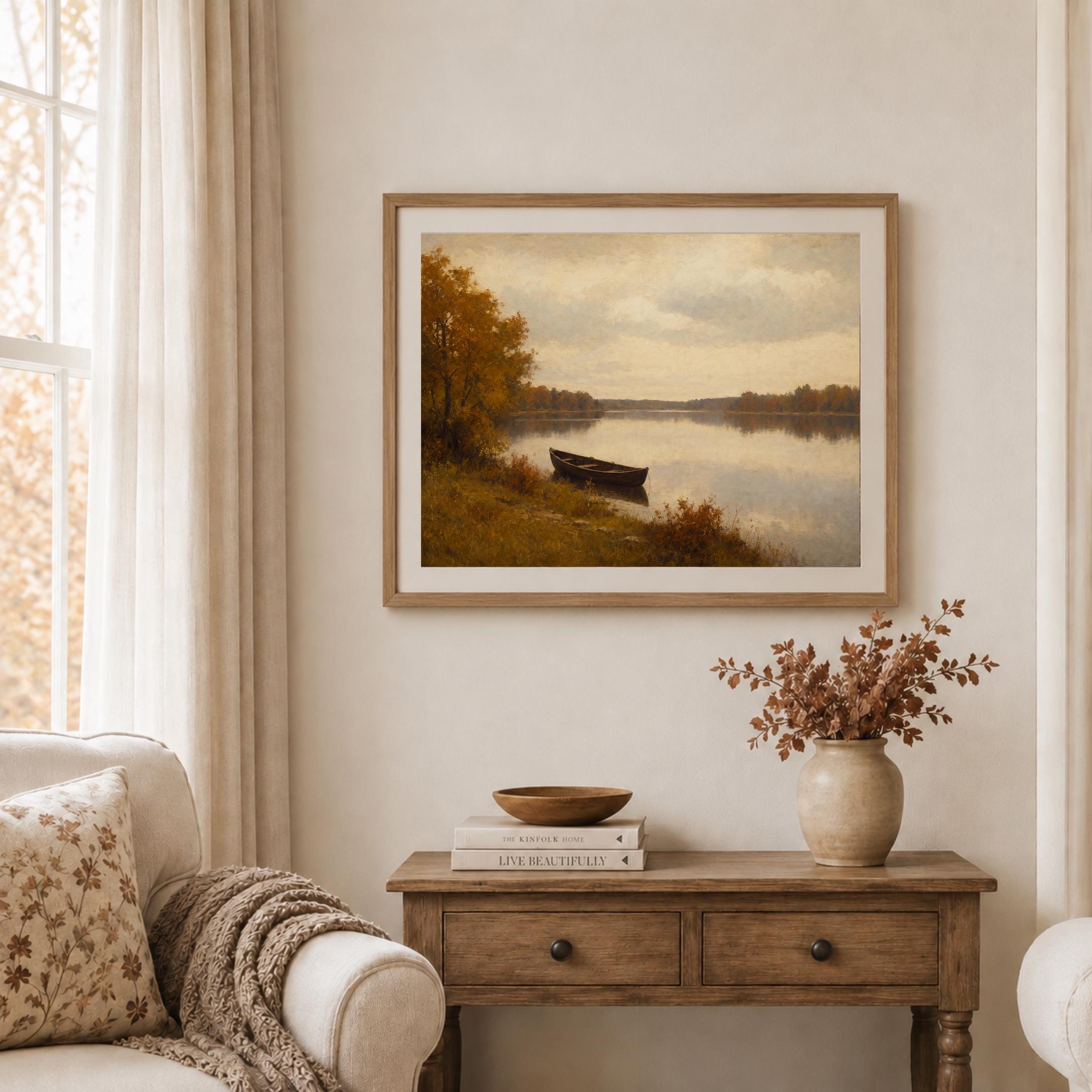 Fall Landscape Wall Art | Vintage Autumn Lake Boat Print | Rustic Printable Digital Download — image 6