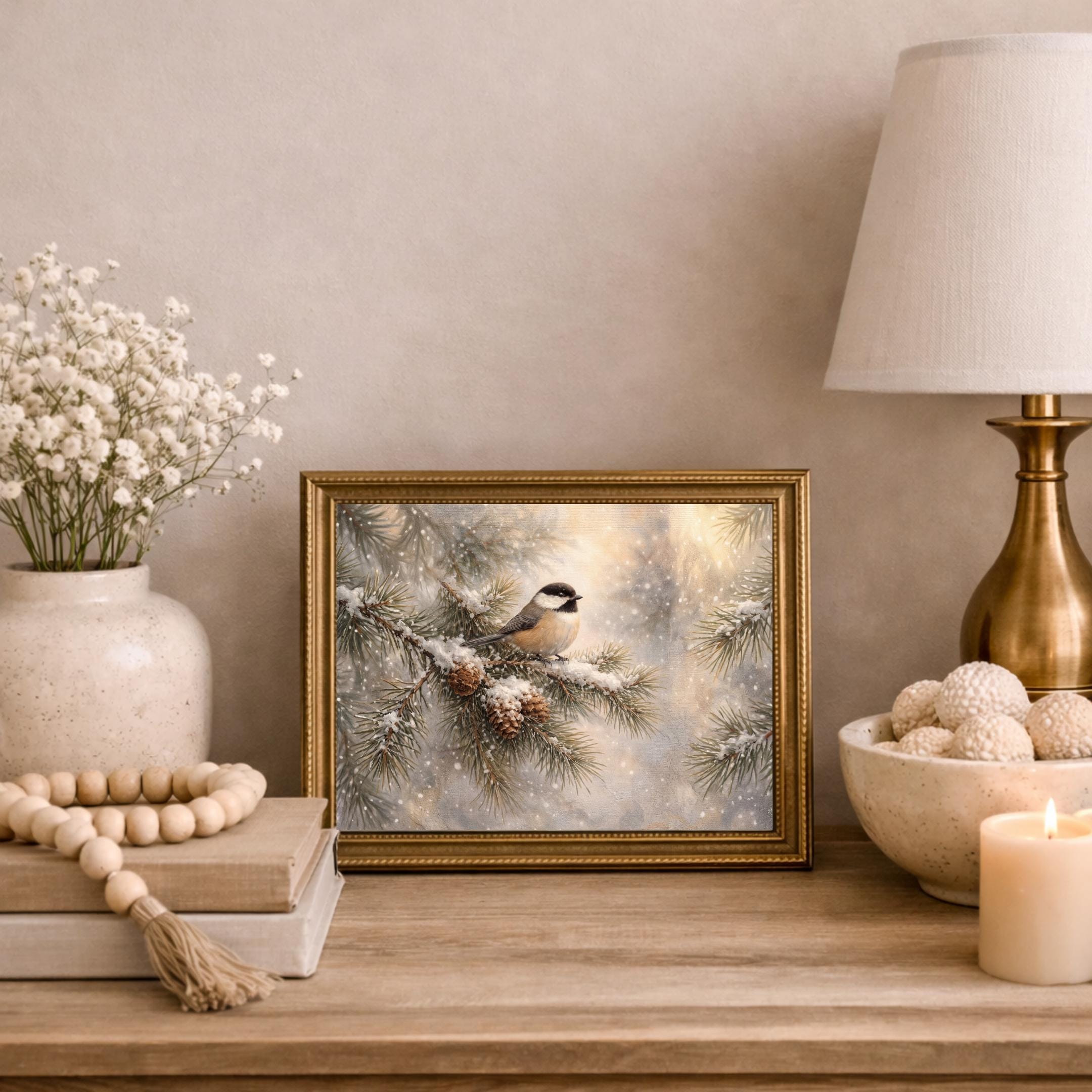 Winter Bird Wall Art Printable | Chickadee Pine Branch Print | Cozy Christmas Decor (Digital Download) — image 5