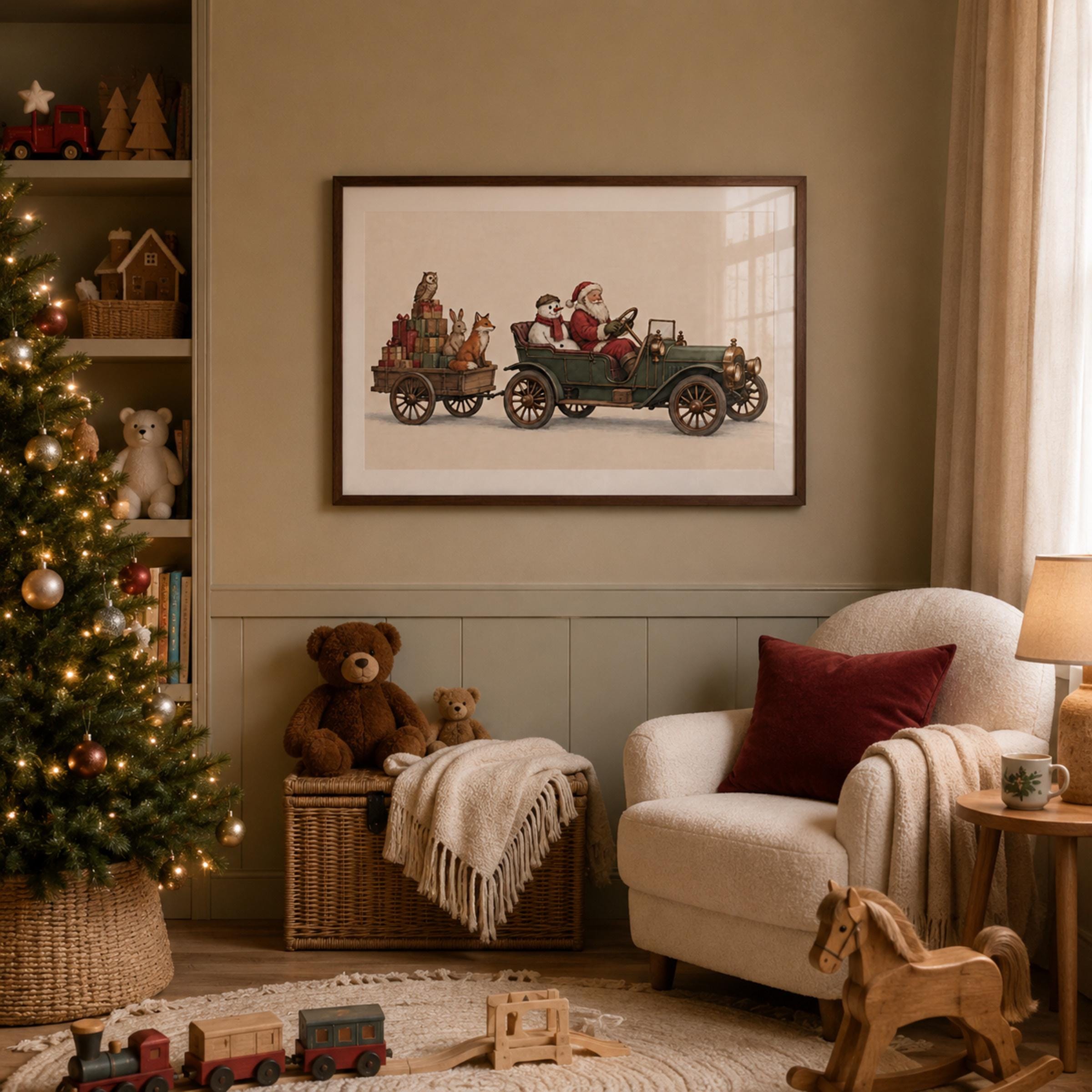 Vintage Santa Car Wall Art | Christmas Animal Print | Holiday Decor Printable Digital Download — image 2