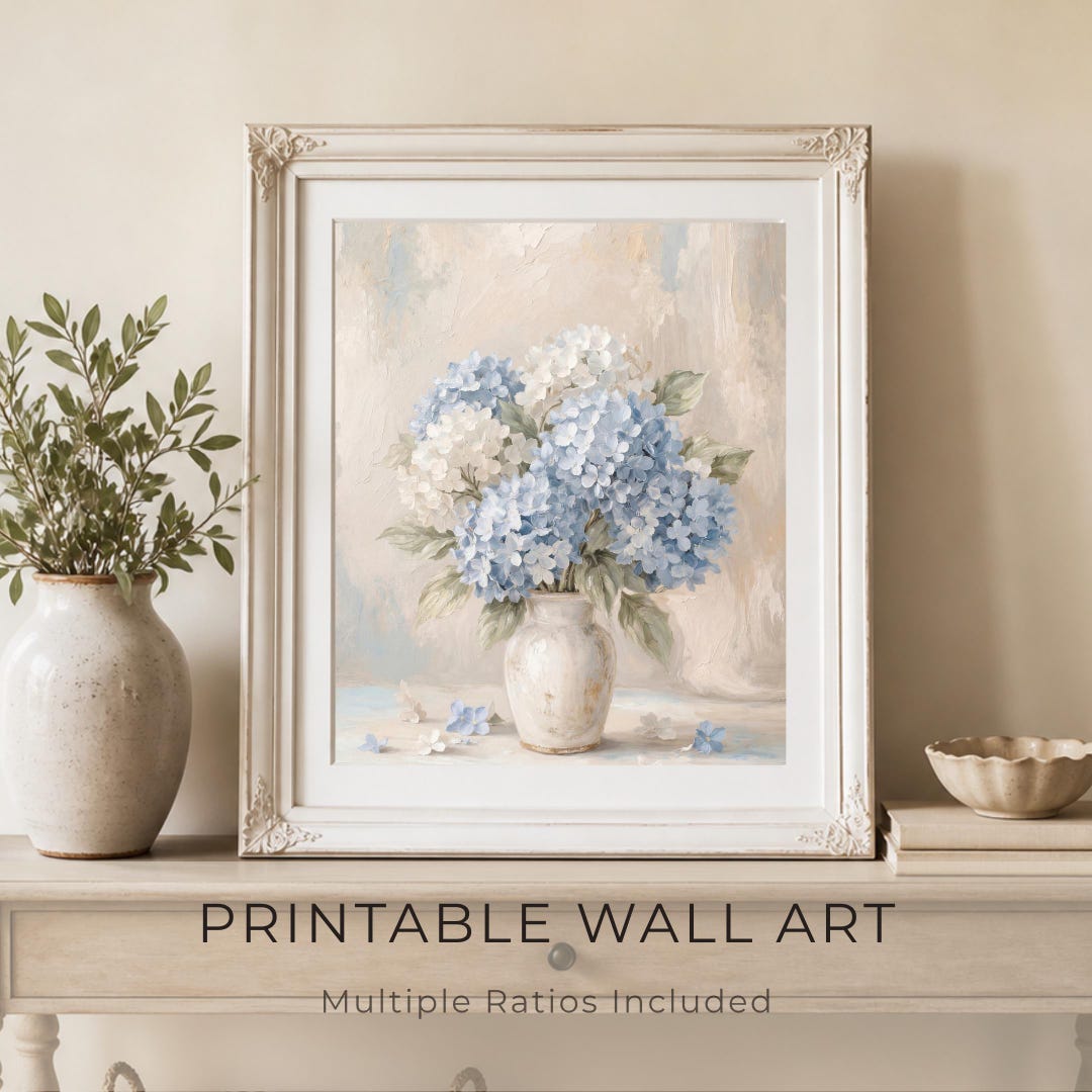 Neutral Blue Hydrangea Floral Art Printable for Bedroom Decor (digital ...