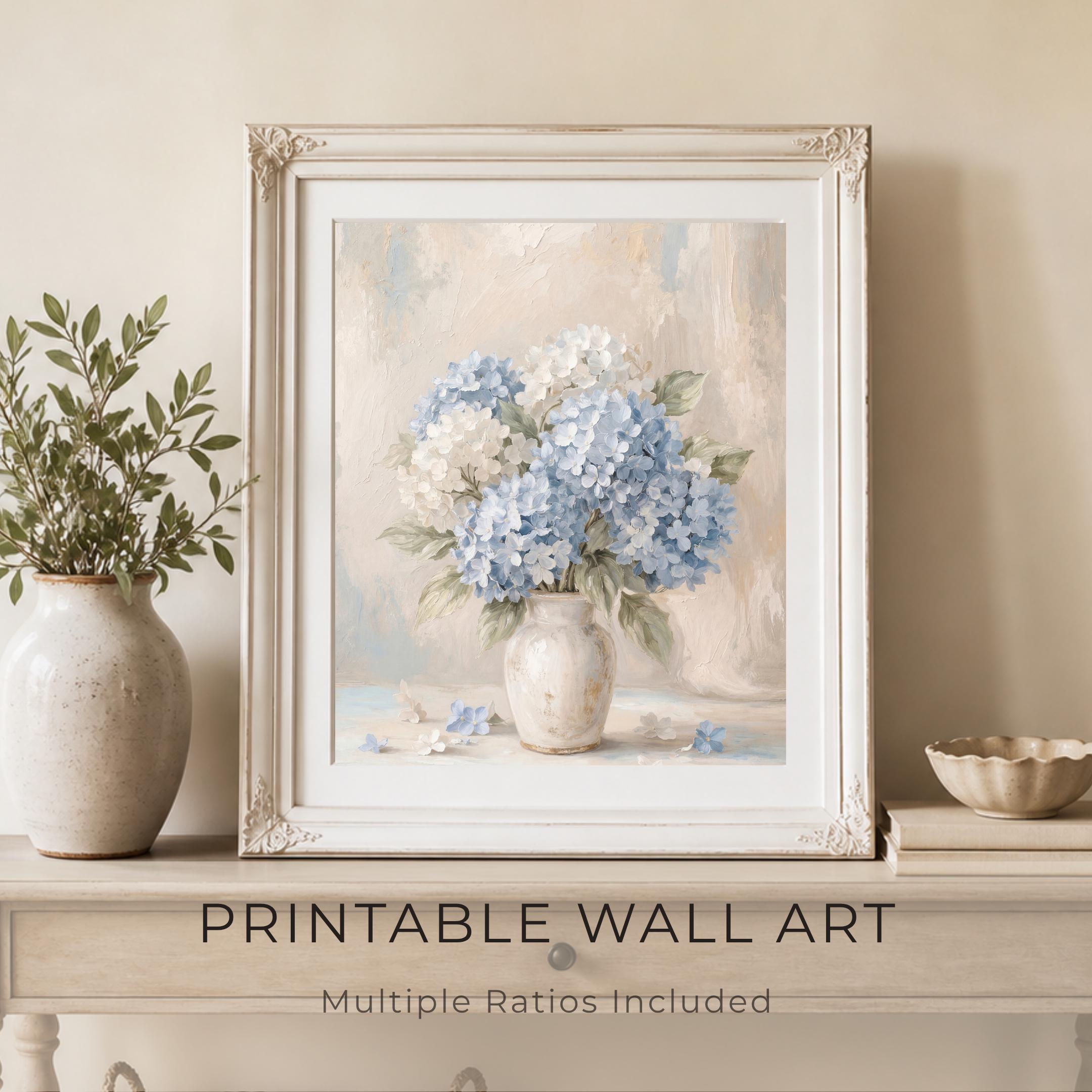 Blue Hydrangea Wall Art Printable, Neutral Floral Prints (Digital Download)