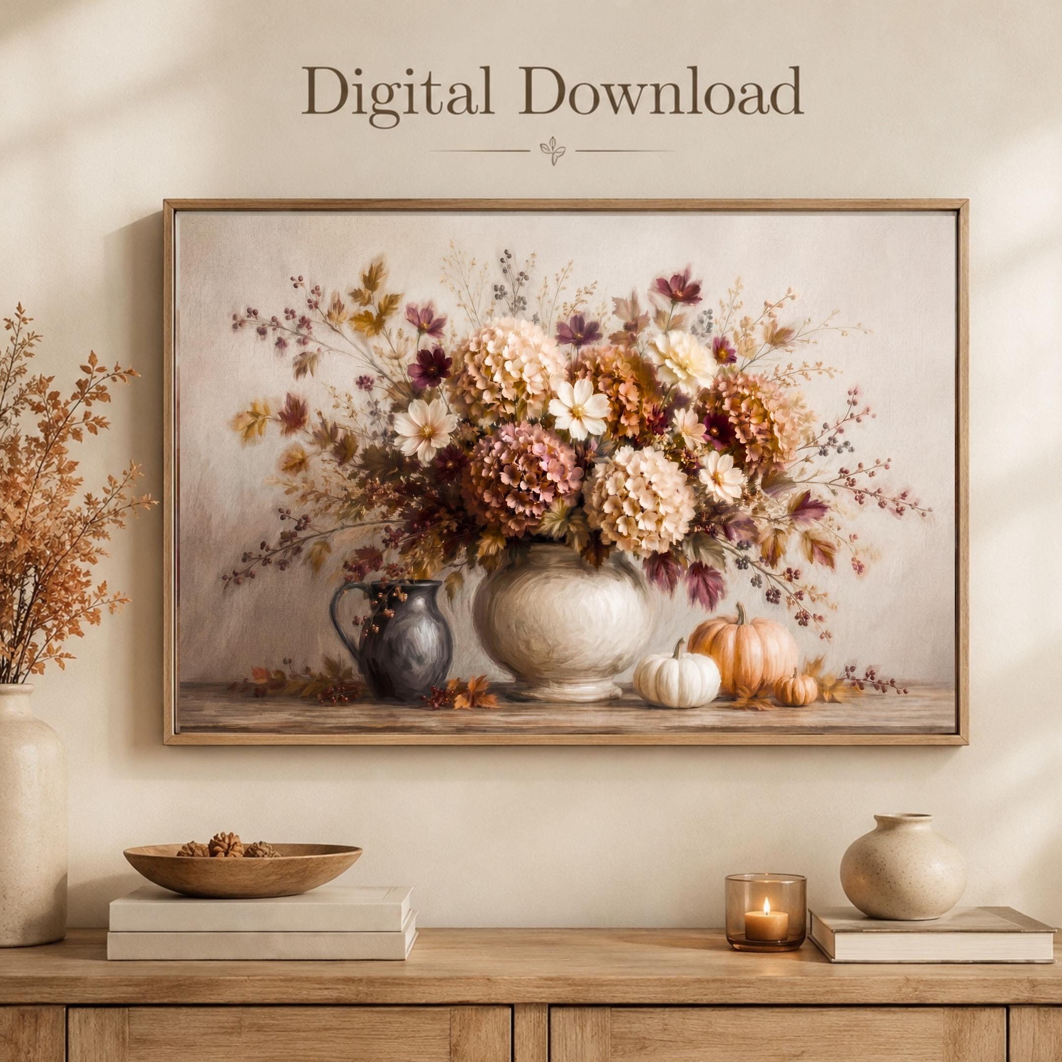 Fall Floral Centerpiece Wall Art, Pumpkin Hydrangea Still Life Print, Thanksgiving Decor (Digital Download) — image 6