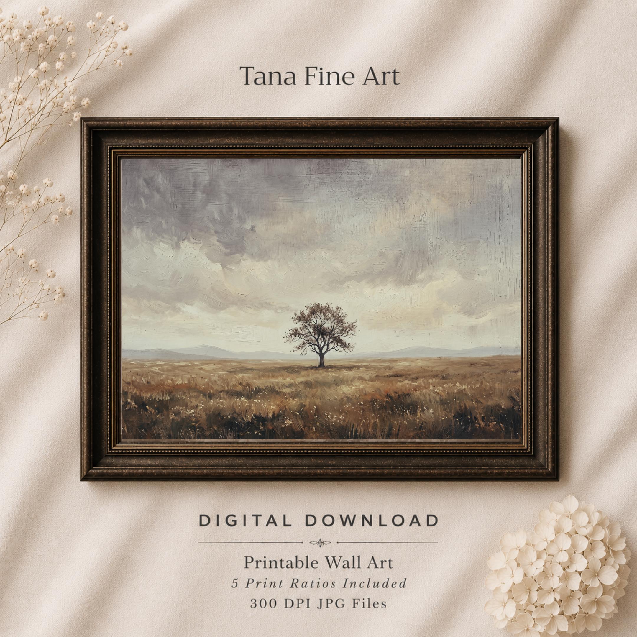 Solitary Tree Printable Wall Art, Vintage Meadow Landscape, Neutral Earthy Rustic Farmhouse Digital Download