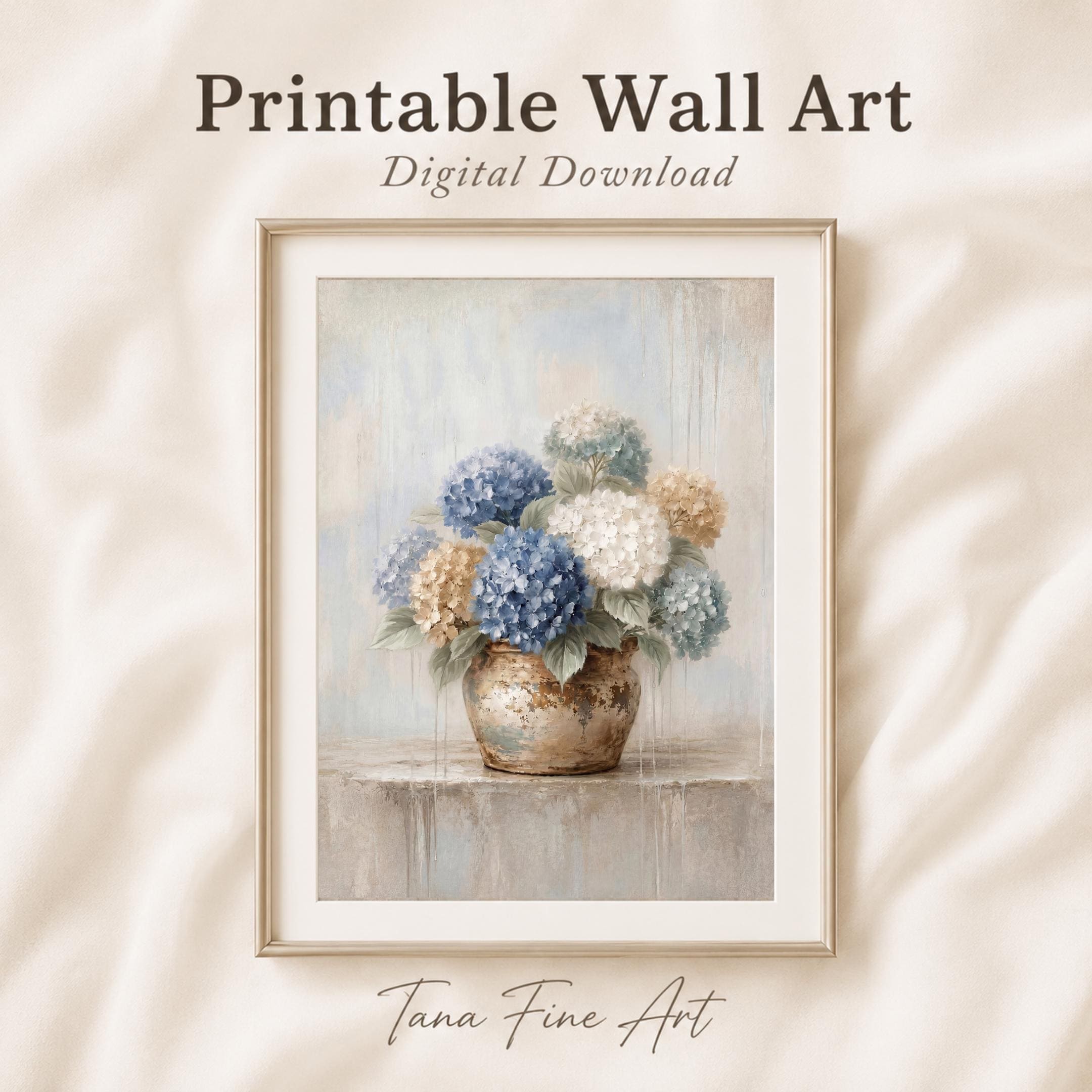 Vintage Hydrangea Printable Wall Art, Blue Floral Still Life, Cottage Kitchen Decor Digital Download
