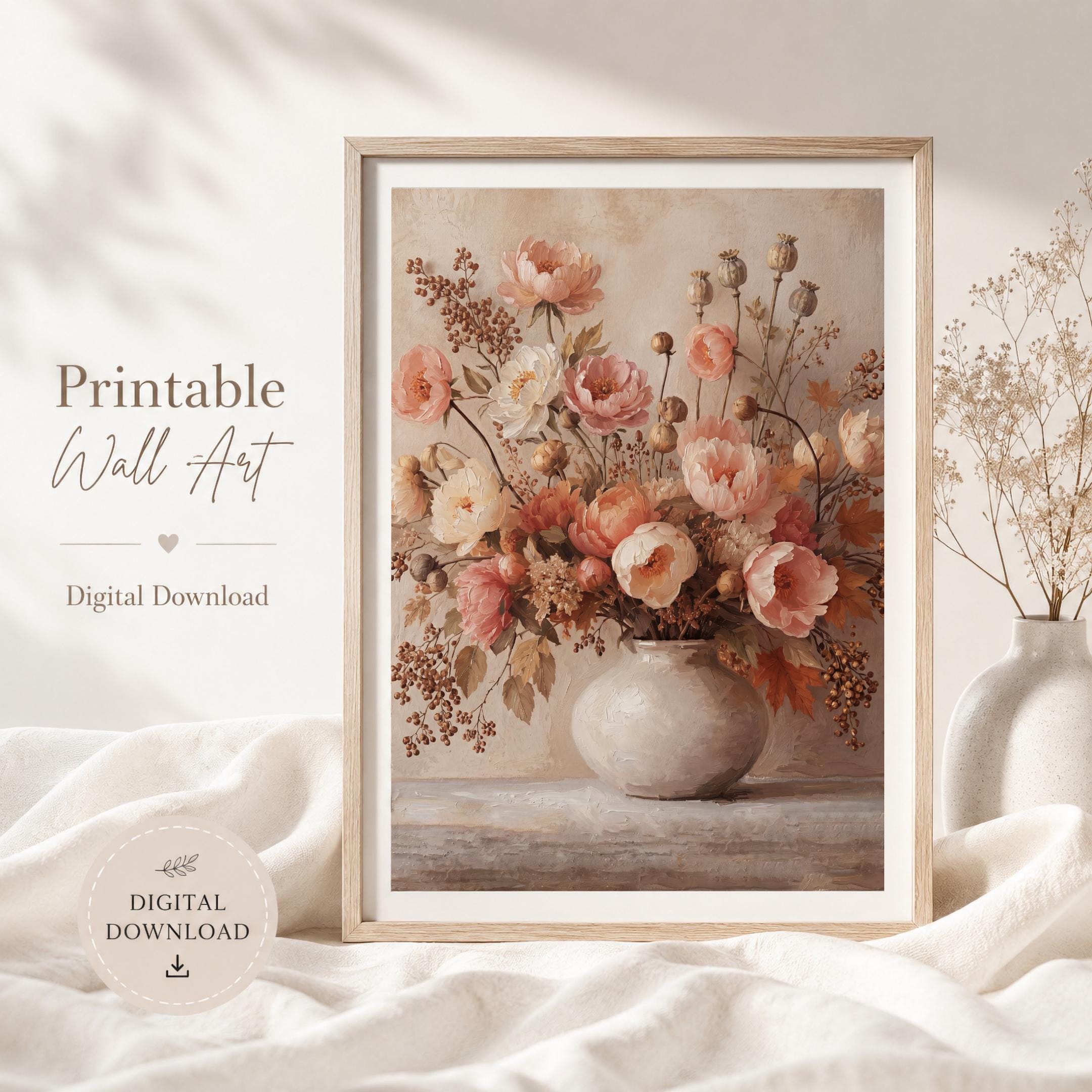 Blush Peony Vase Printable Wall Art, Autumn Floral Rustic Cottage Home Decor Digital Download — image 8