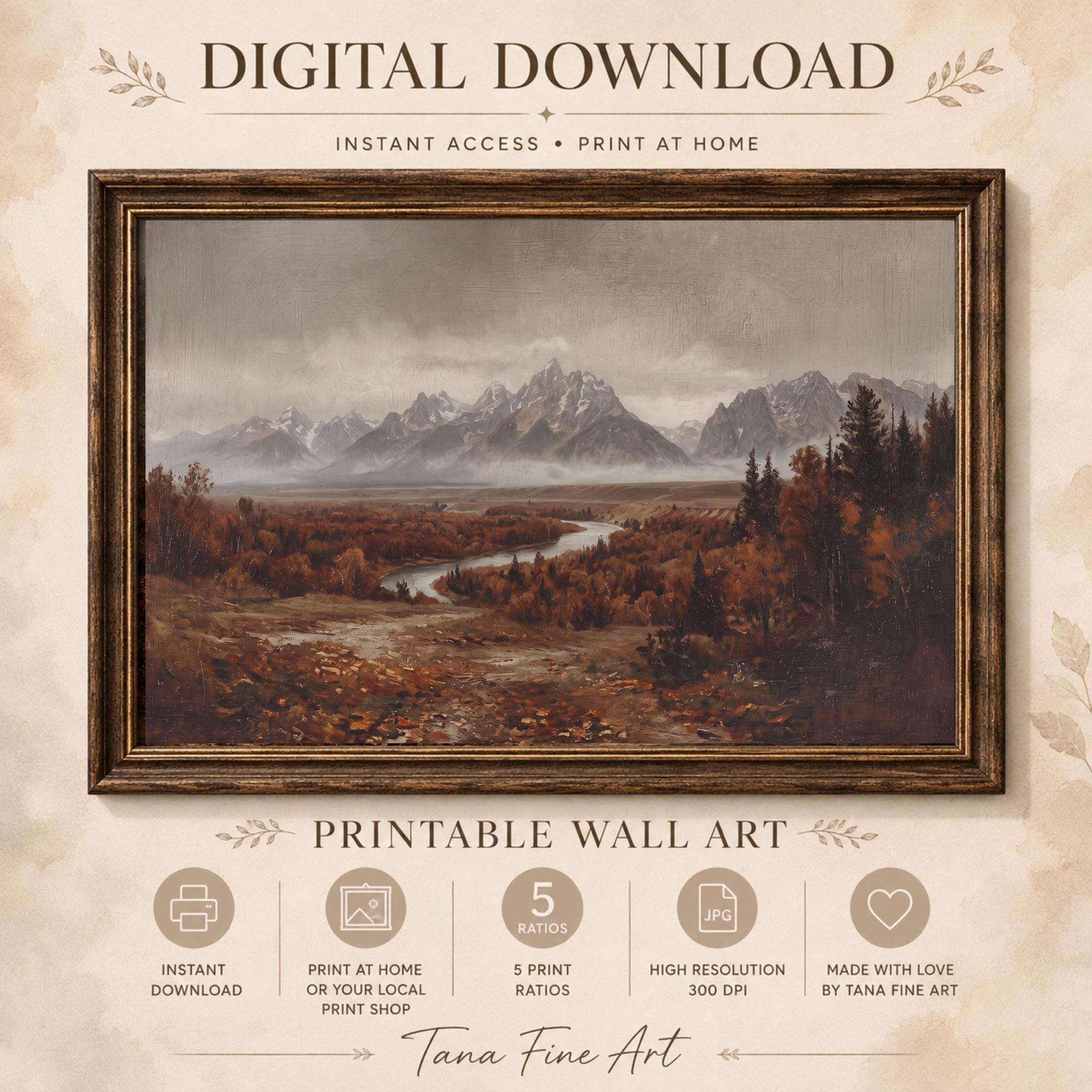 Mountain River Wall Art | Grand Teton Inspired Fall Print | Moody Vintage Landscape Digital Download