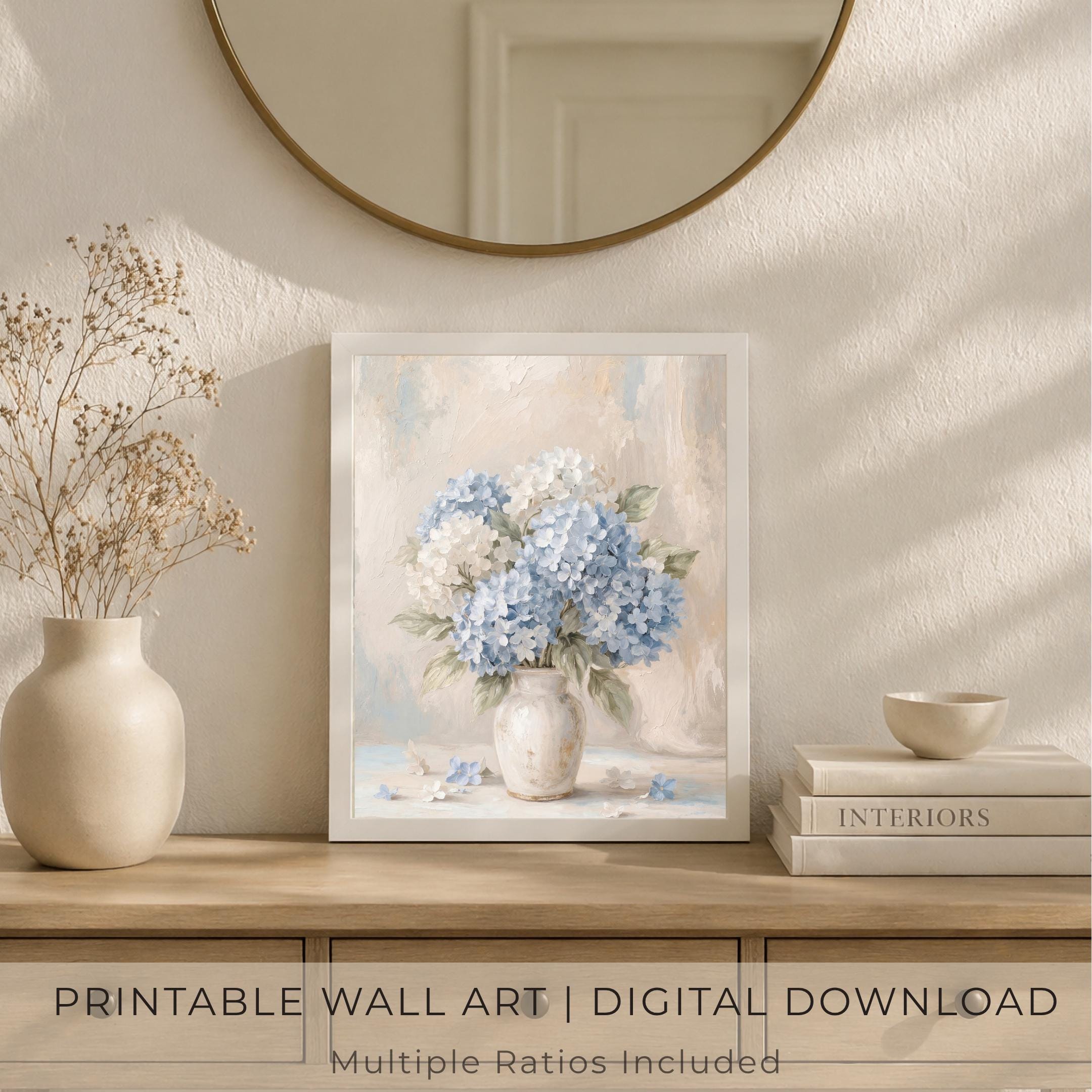 Blue Hydrangea Wall Art Printable, Neutral Floral Prints (Digital Download) — image 3