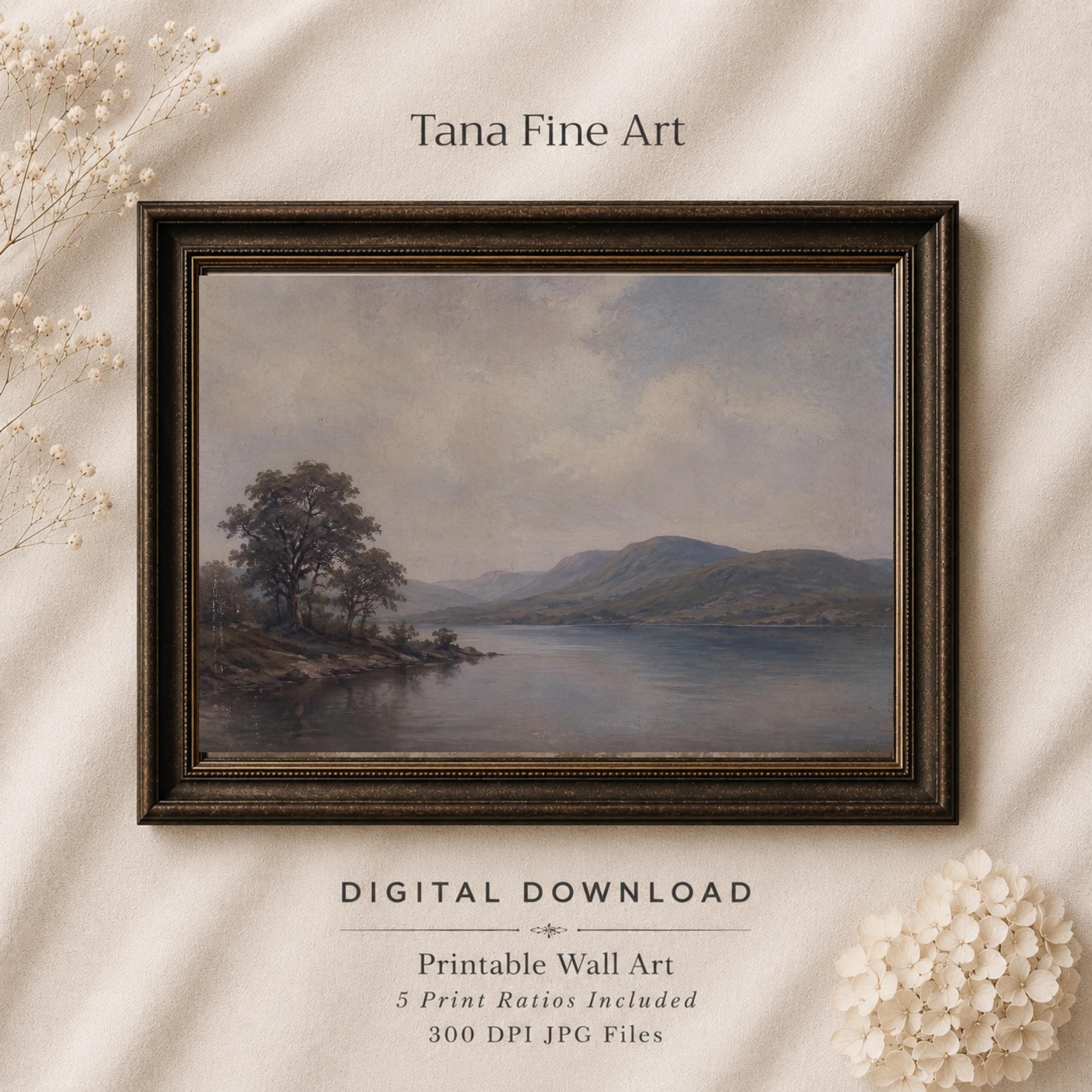 Vintage Lake Landscape Printable Wall Art, Moody Mountain Scenery, Neutral Rustic Cottage Home Decor
