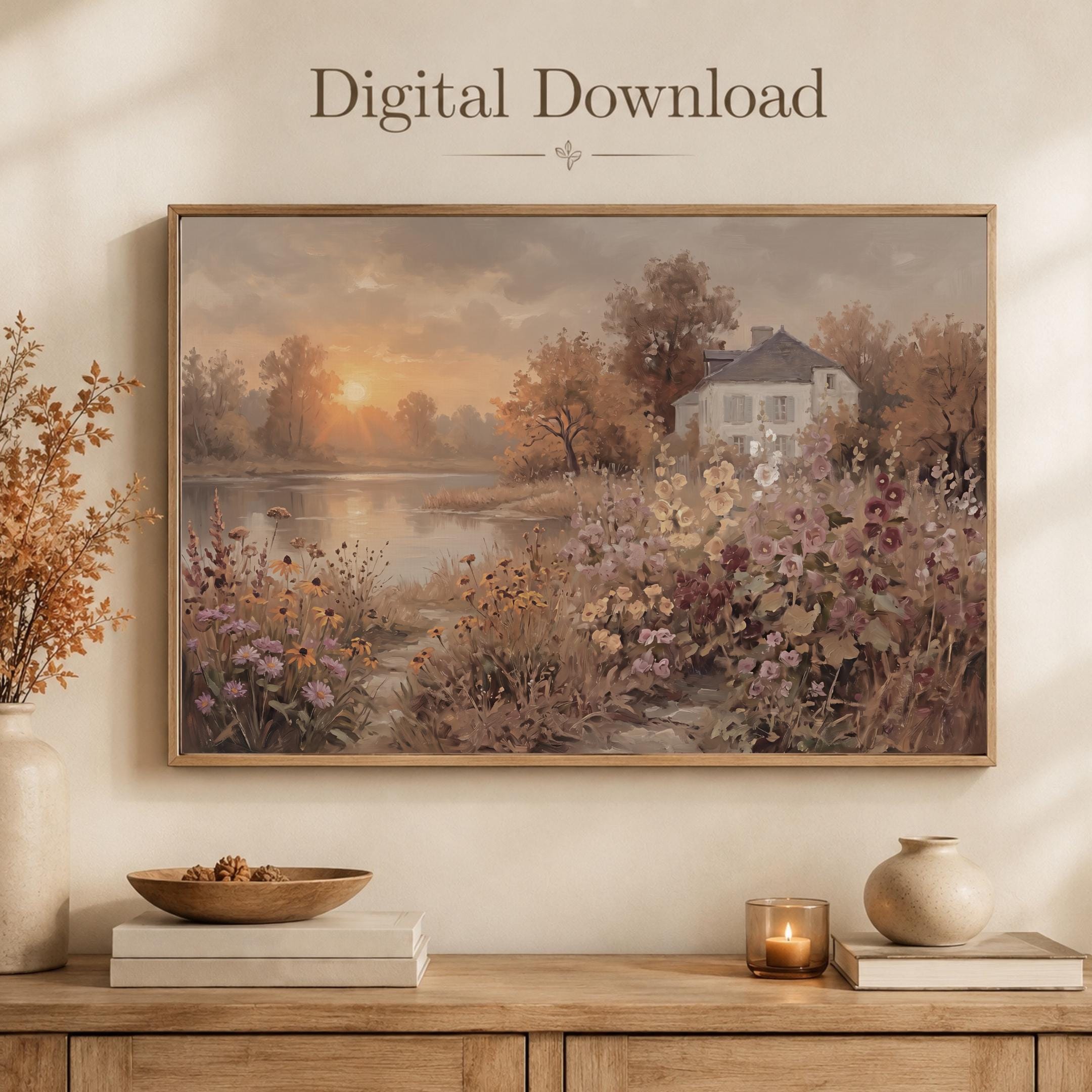 Fall Cottage Lake Wall Art, Autumn Floral Landscape Print, Rustic Farmhouse Decor (Digital Download) — image 4