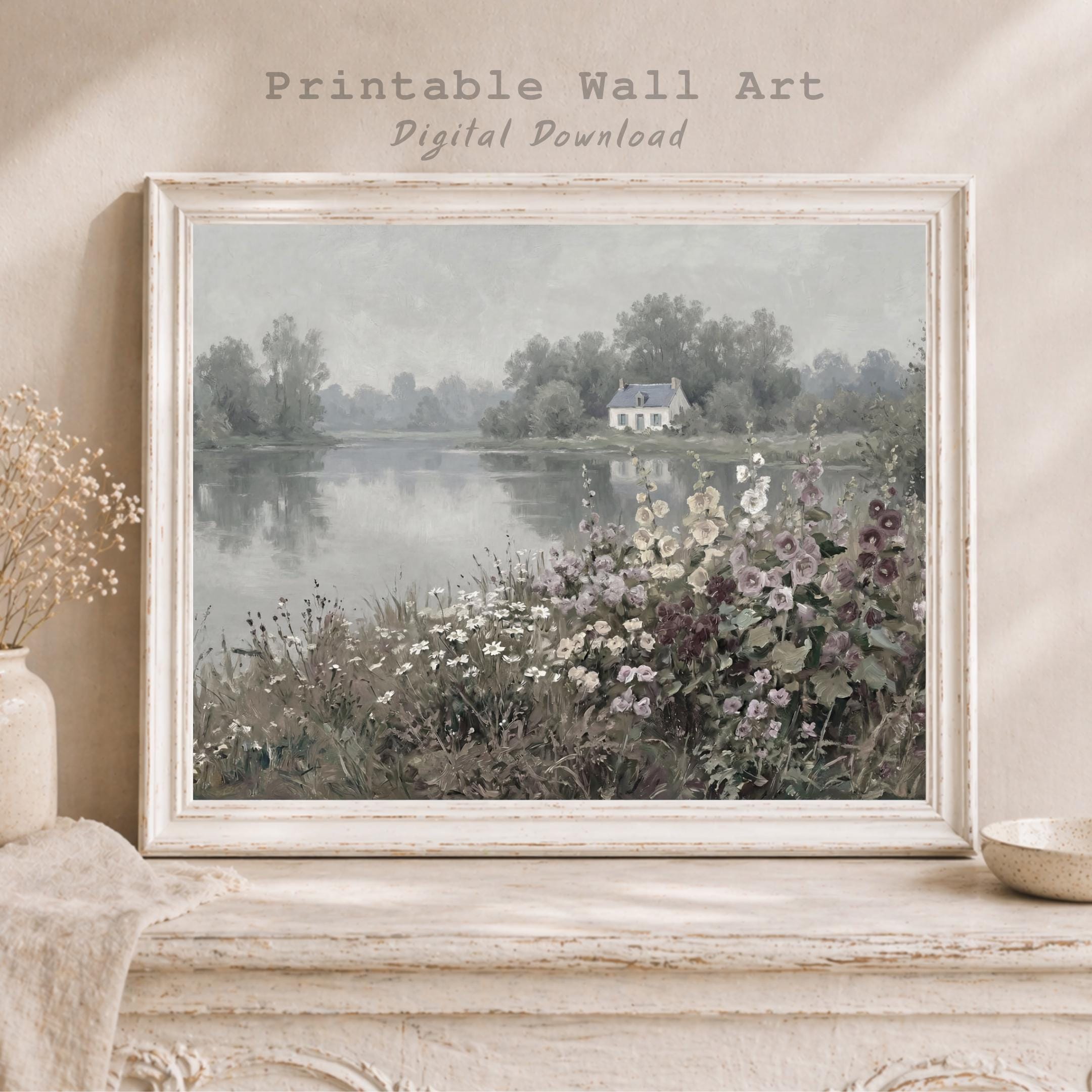 Lakeside Cottage Garden Wall Art, Romantic Floral Landscape, French Country Decor Digital Download