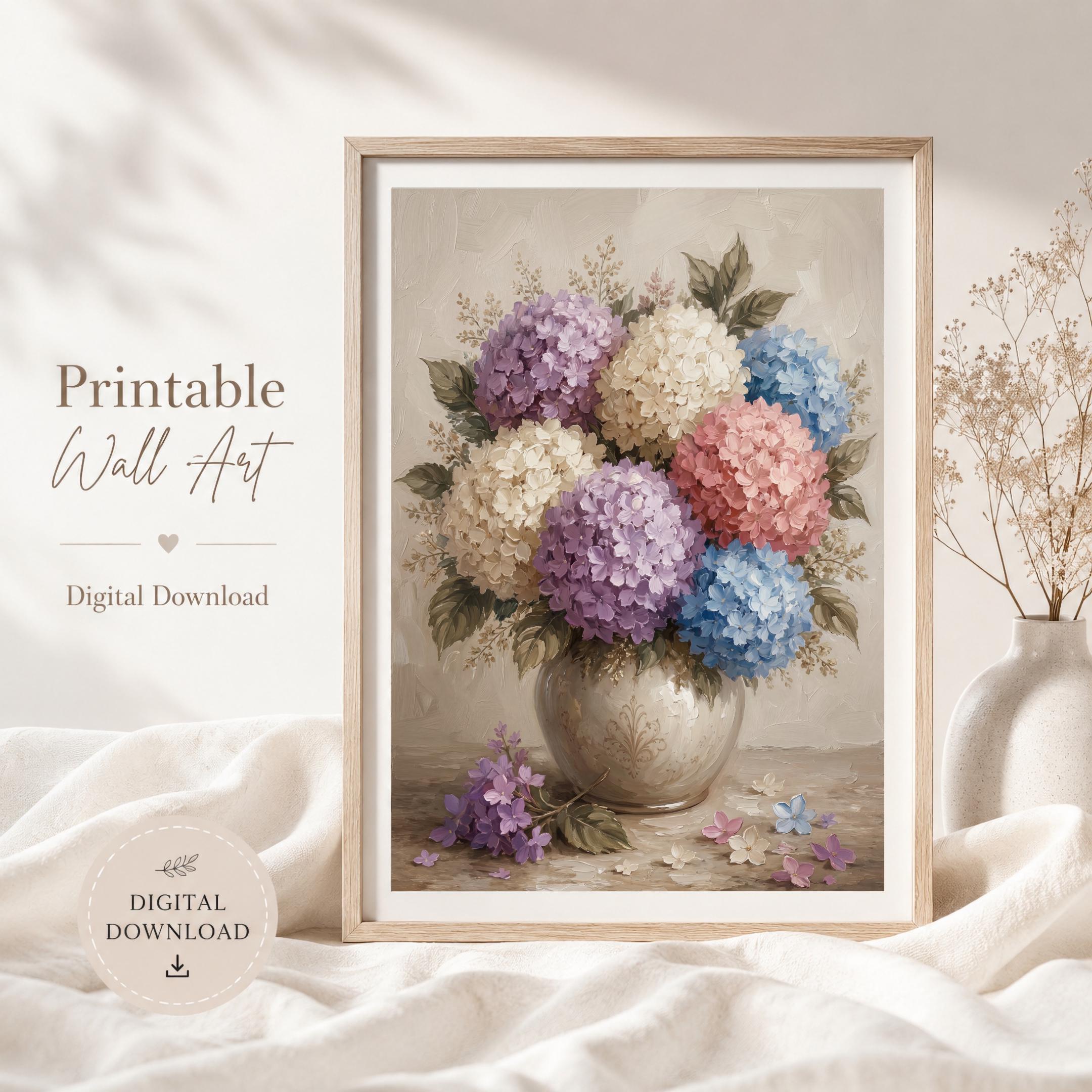Pastel Hydrangea Wall Art, Colorful Floral Vase Print, Soft Cottage Bedroom Decor (Digital Download) — image 4