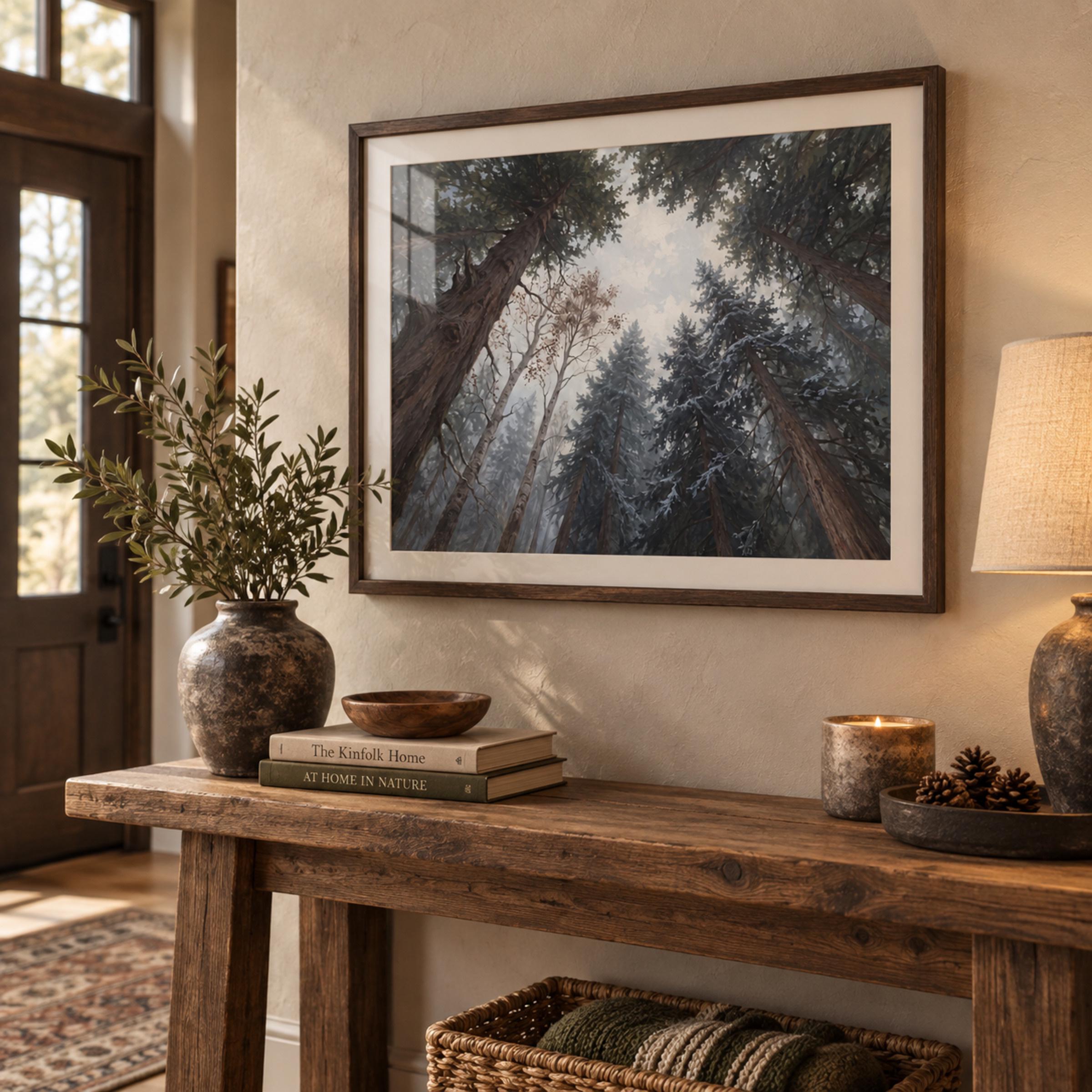 Snowy Pine Forest Canopy Wall Art, Moody Woodland Landscape, Rustic Cabin Decor Digital Download — image 2