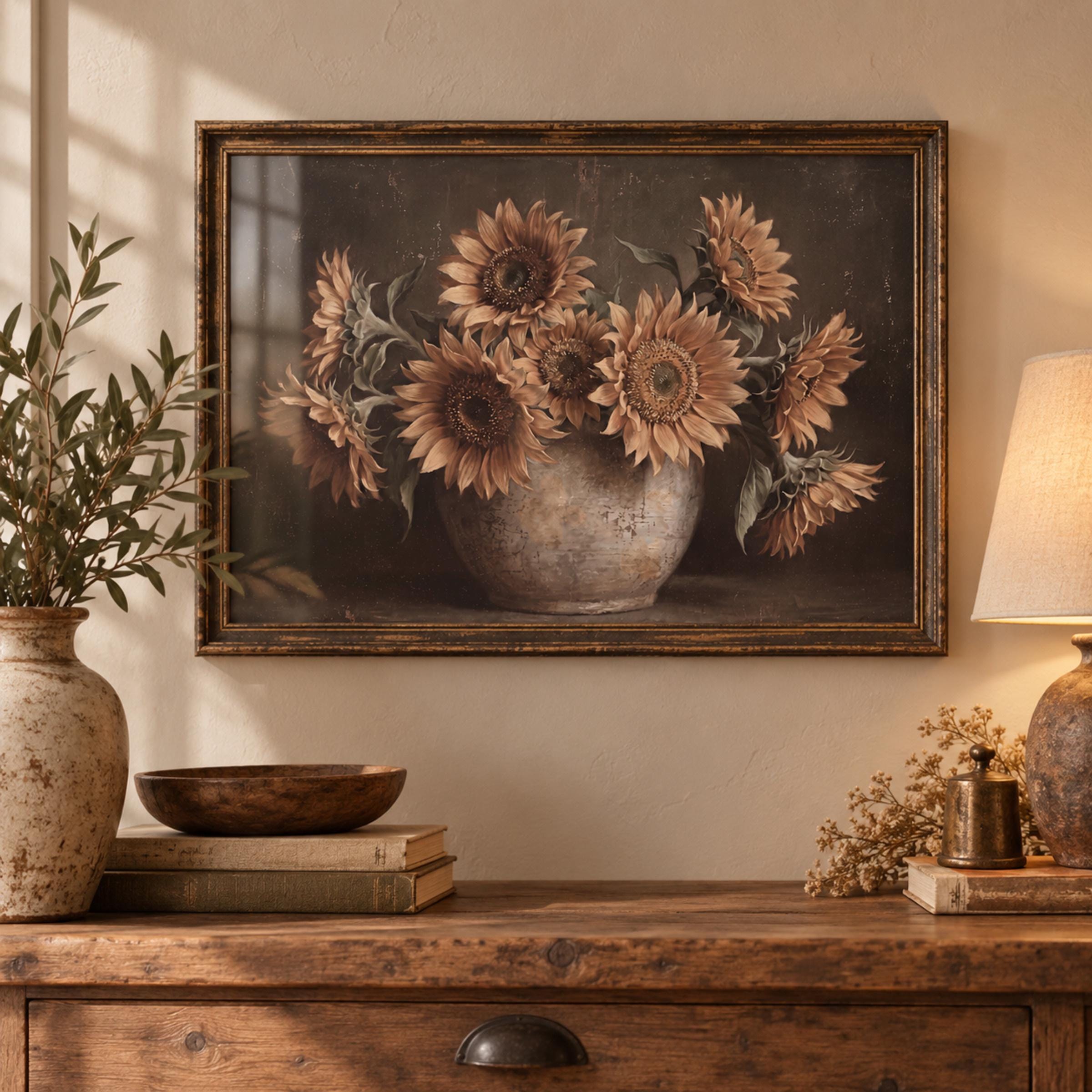 Moody Sunflower Vase Printable Wall Art, Dark Rustic Floral Farmhouse Kitchen Decor Digital Download — image 4