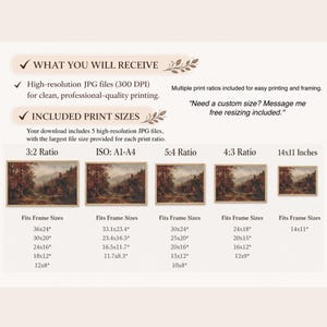 May include: A digital download guide featuring five high-resolution JPG files of a landscape painting. The text includes WHAT YOU WILL RECEIVE, INCLUDED PRINT SIZES, and a list of ratios from 3:2 to 14x11 inches with corresponding frame dimensions.