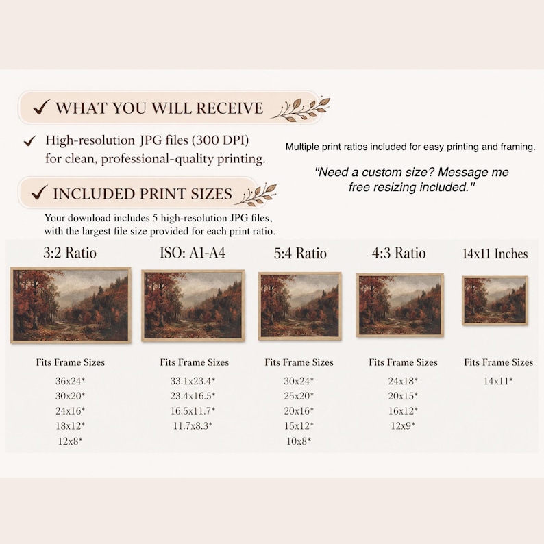 May include: A digital download guide featuring five high-resolution JPG files of a landscape painting. The text includes WHAT YOU WILL RECEIVE, INCLUDED PRINT SIZES, and a list of ratios from 3:2 to 14x11 inches with corresponding frame dimensions.