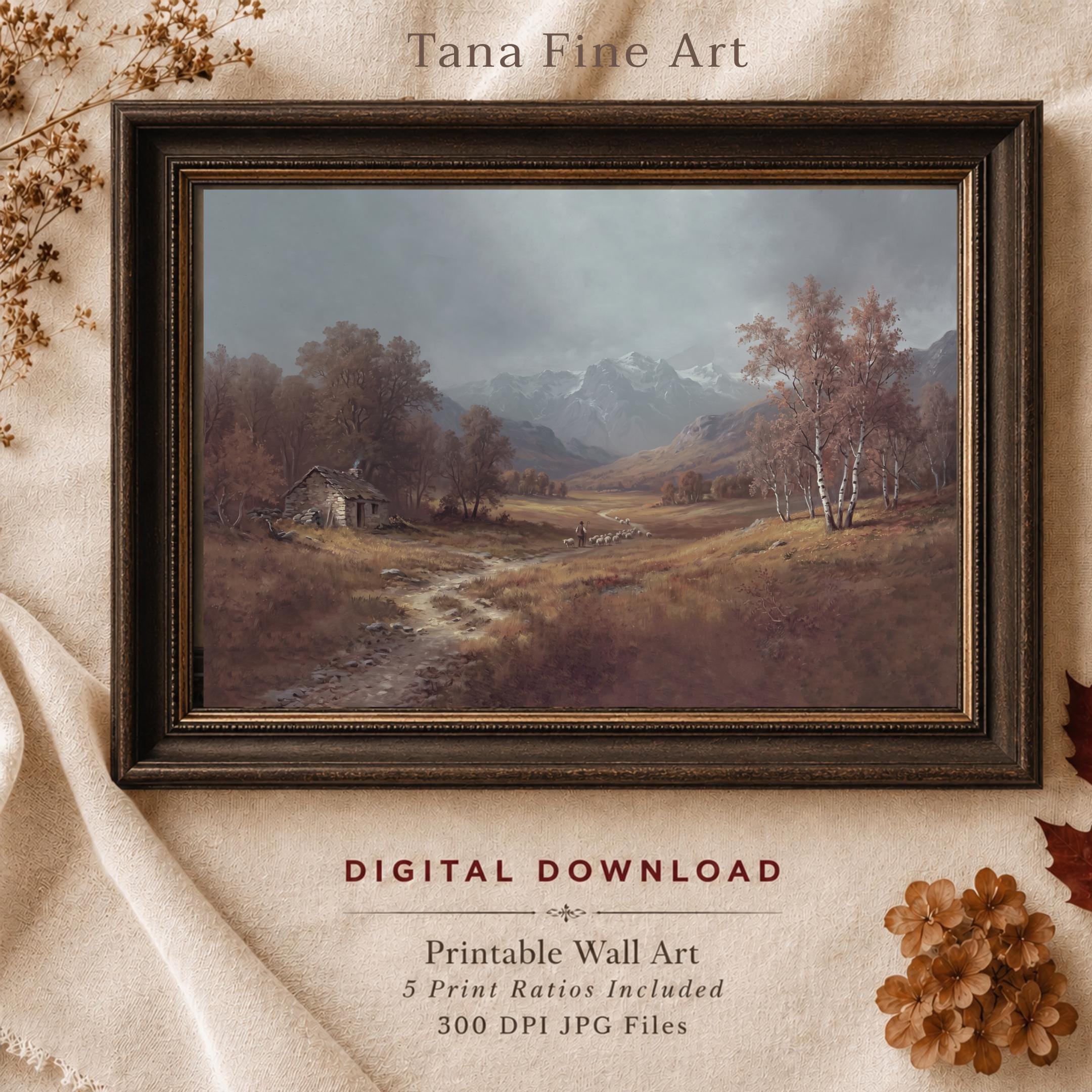 Moody Autumn Pastoral Landscape Mountain Wall Art, Farm Landscape Print (Digital Download)