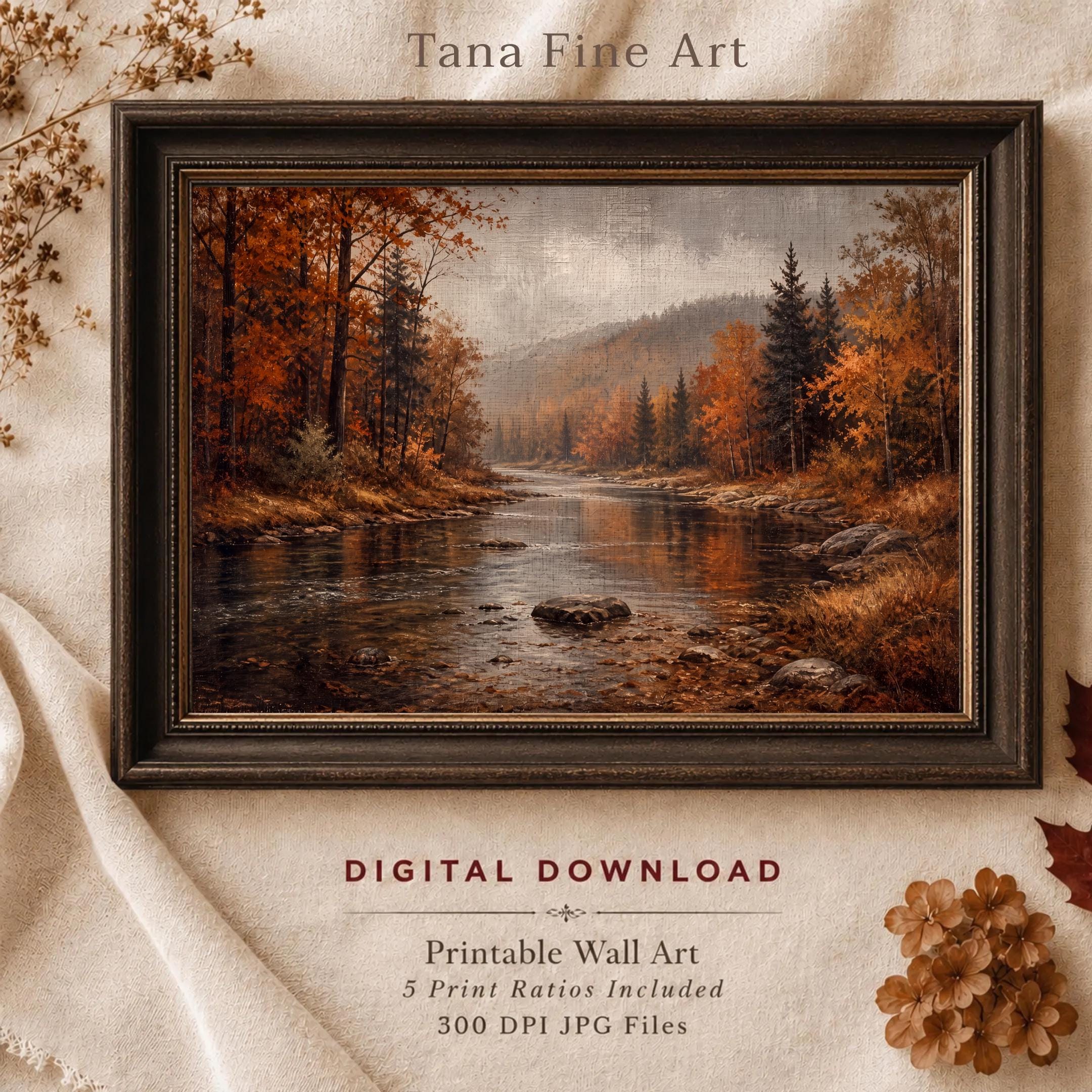 Fall River Wall Art | Autumn Forest Landscape Print | Vintage Landscape Digital Download
