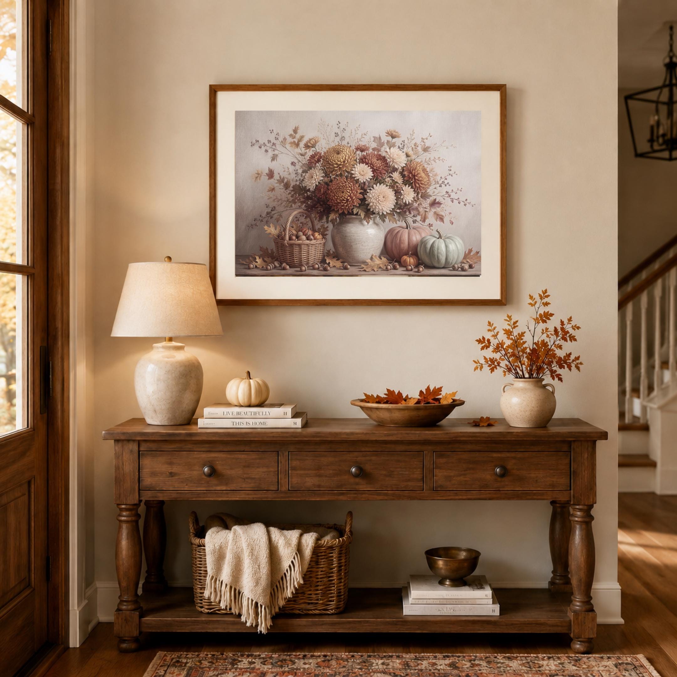 Chrysanthemum Pumpkin Still Life | Fall Floral Wall Art | Rustic Printable Digital Download Decor — image 7